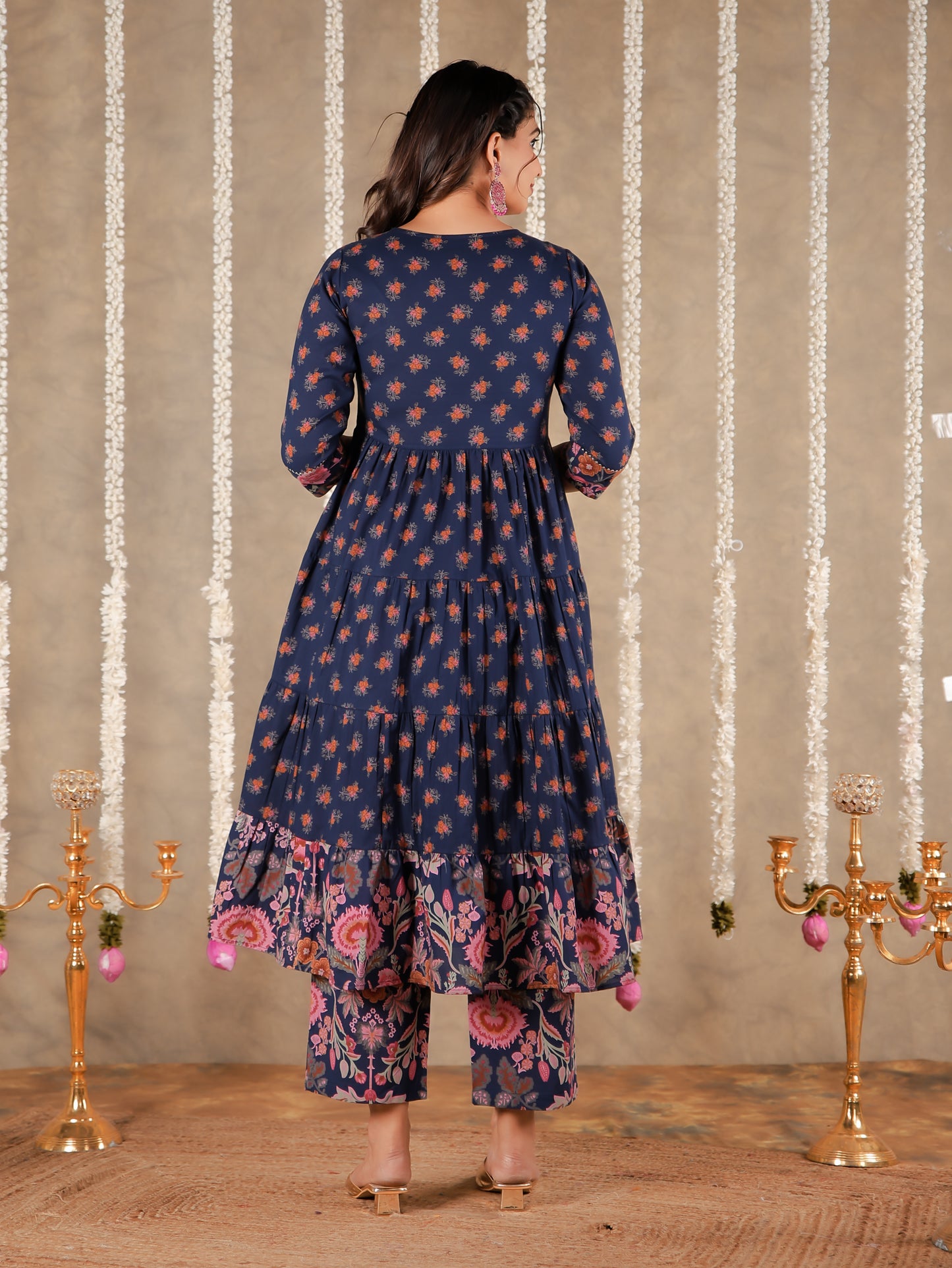 Embroidered Soft Cotton Floral Anarkali Navy Blue Kurta