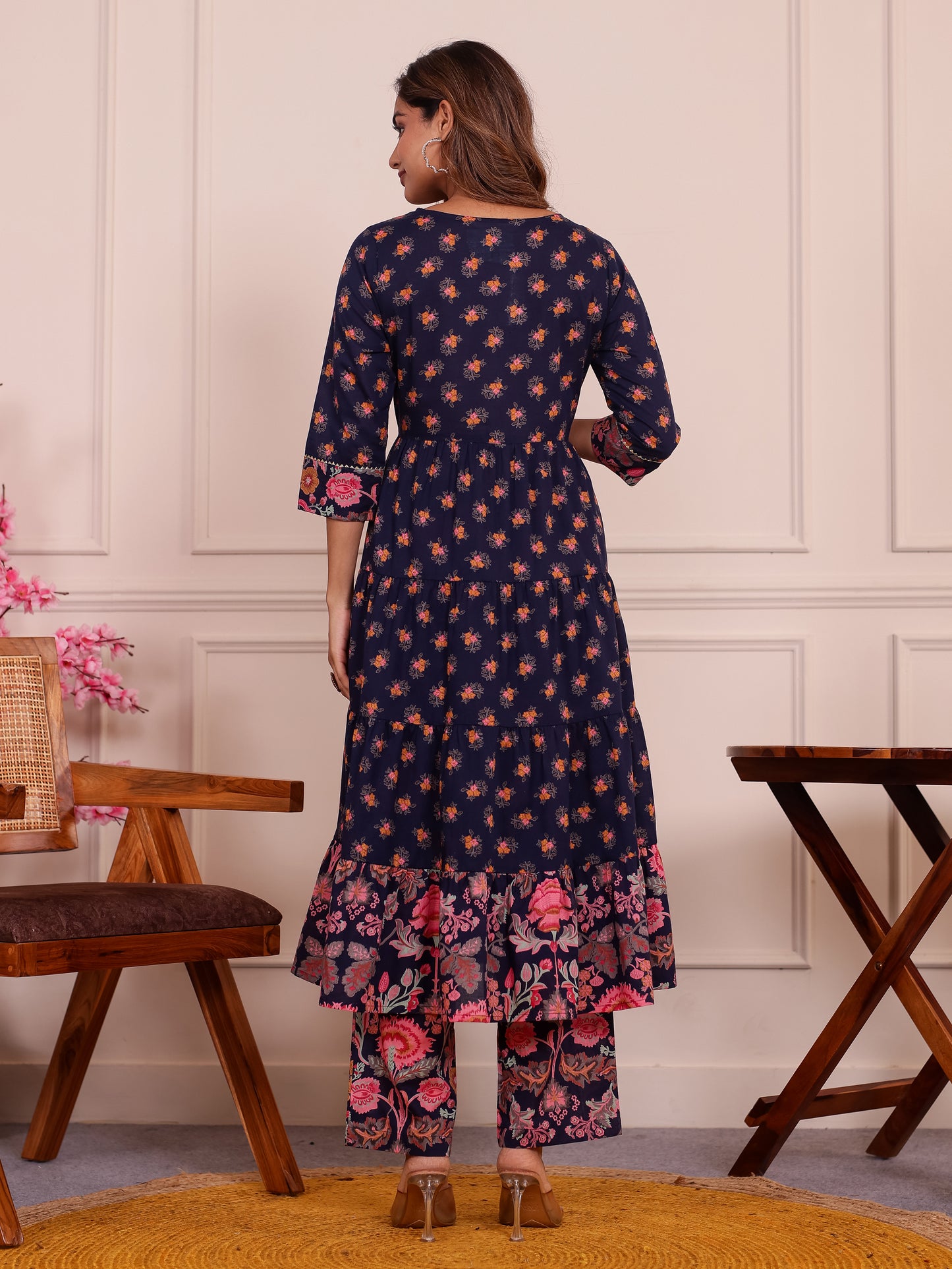 Embroidered Soft Cotton Floral Anarkali Navy Blue Kurta