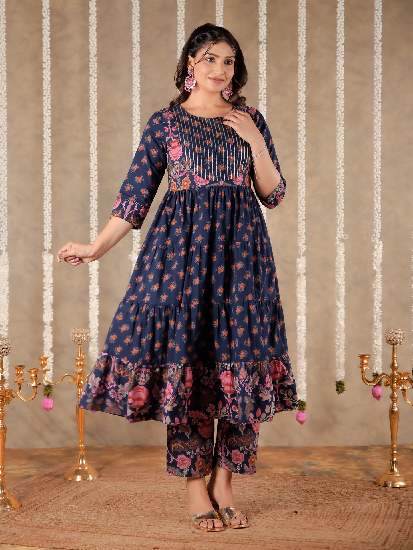 Embroidered Soft Cotton Floral Anarkali Navy Blue Kurta