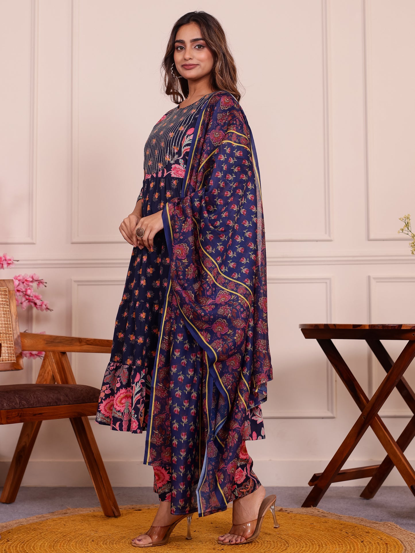 Embroidered Soft Cotton Floral Anarkali Navy Blue Kurta