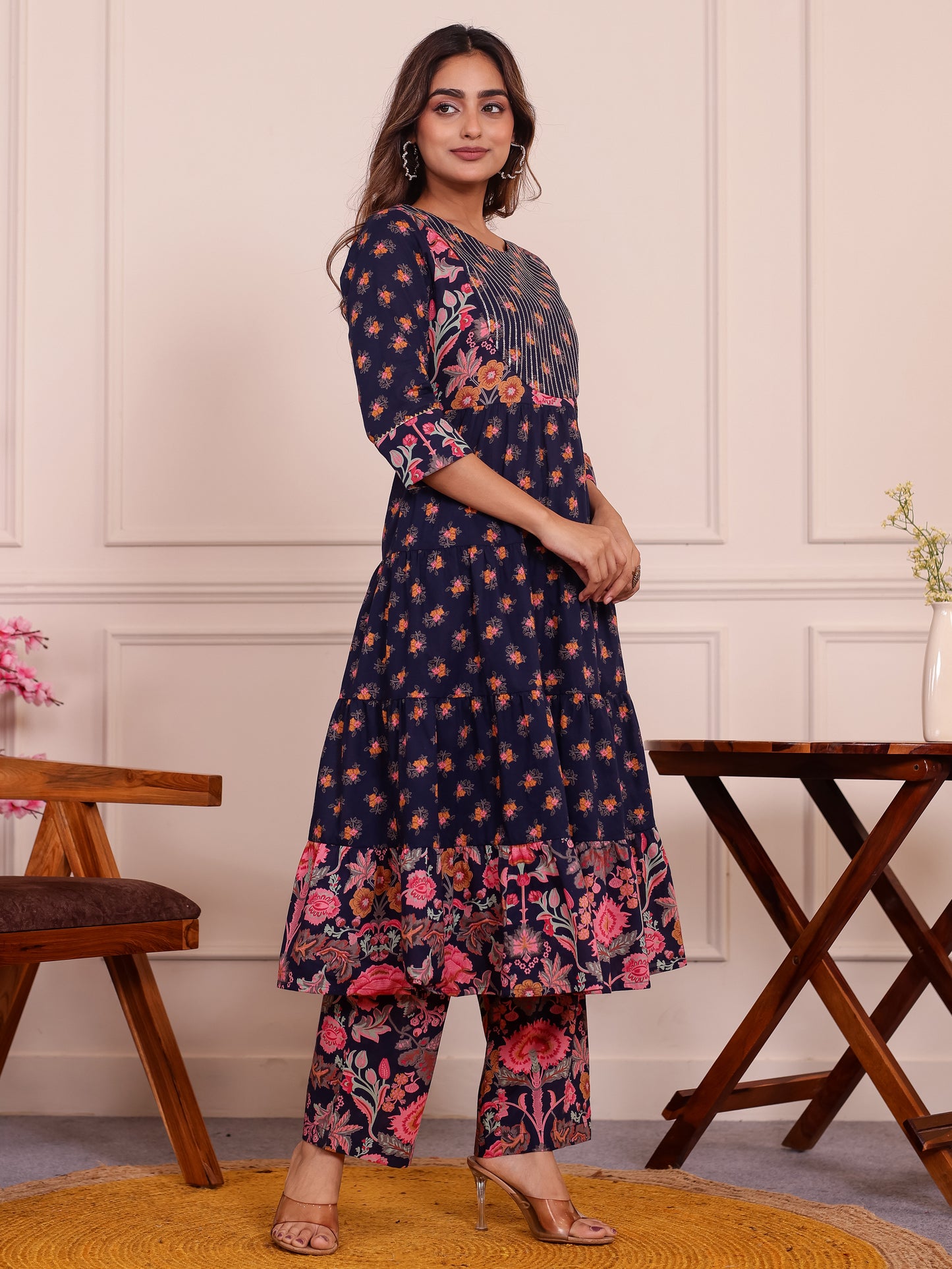 Embroidered Soft Cotton Floral Anarkali Navy Blue Kurta