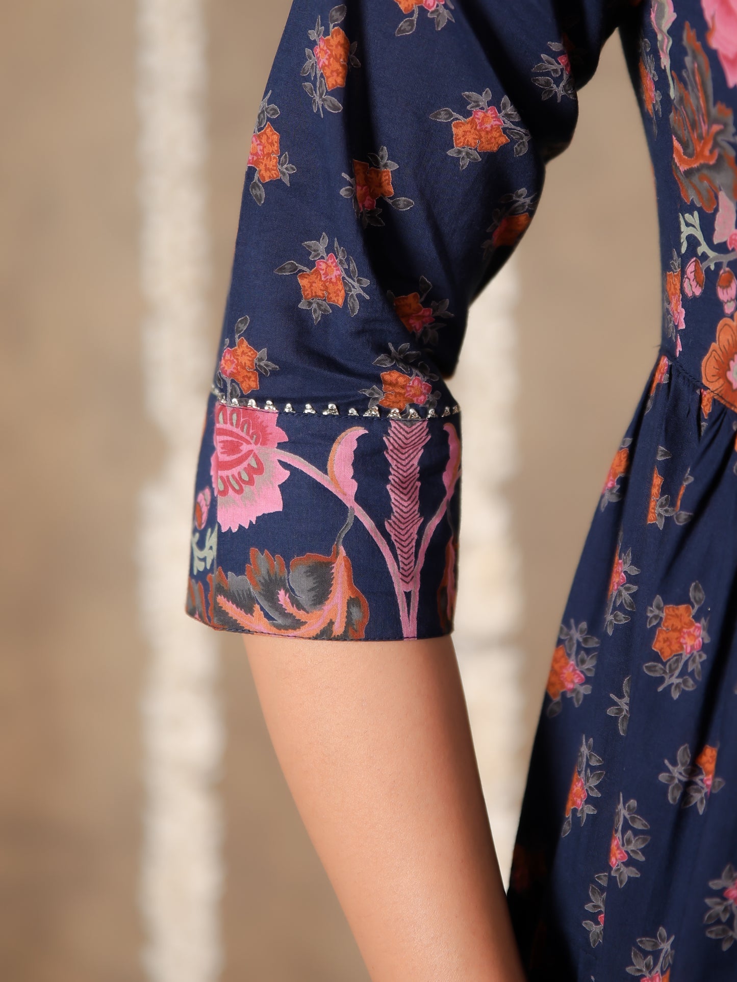 Embroidered Soft Cotton Floral Anarkali Navy Blue Kurta