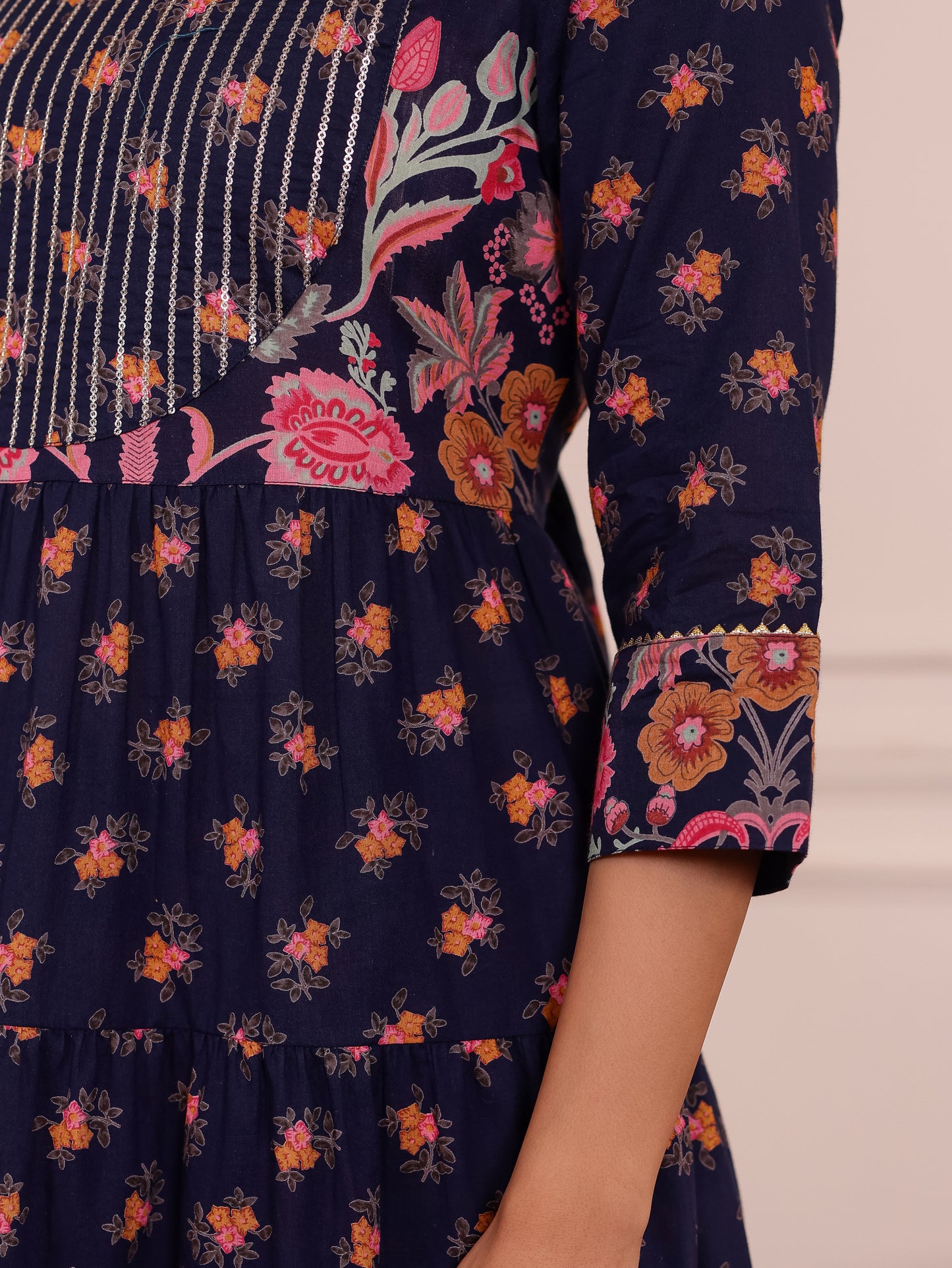 Embroidered Soft Cotton Floral Anarkali Navy Blue Kurta