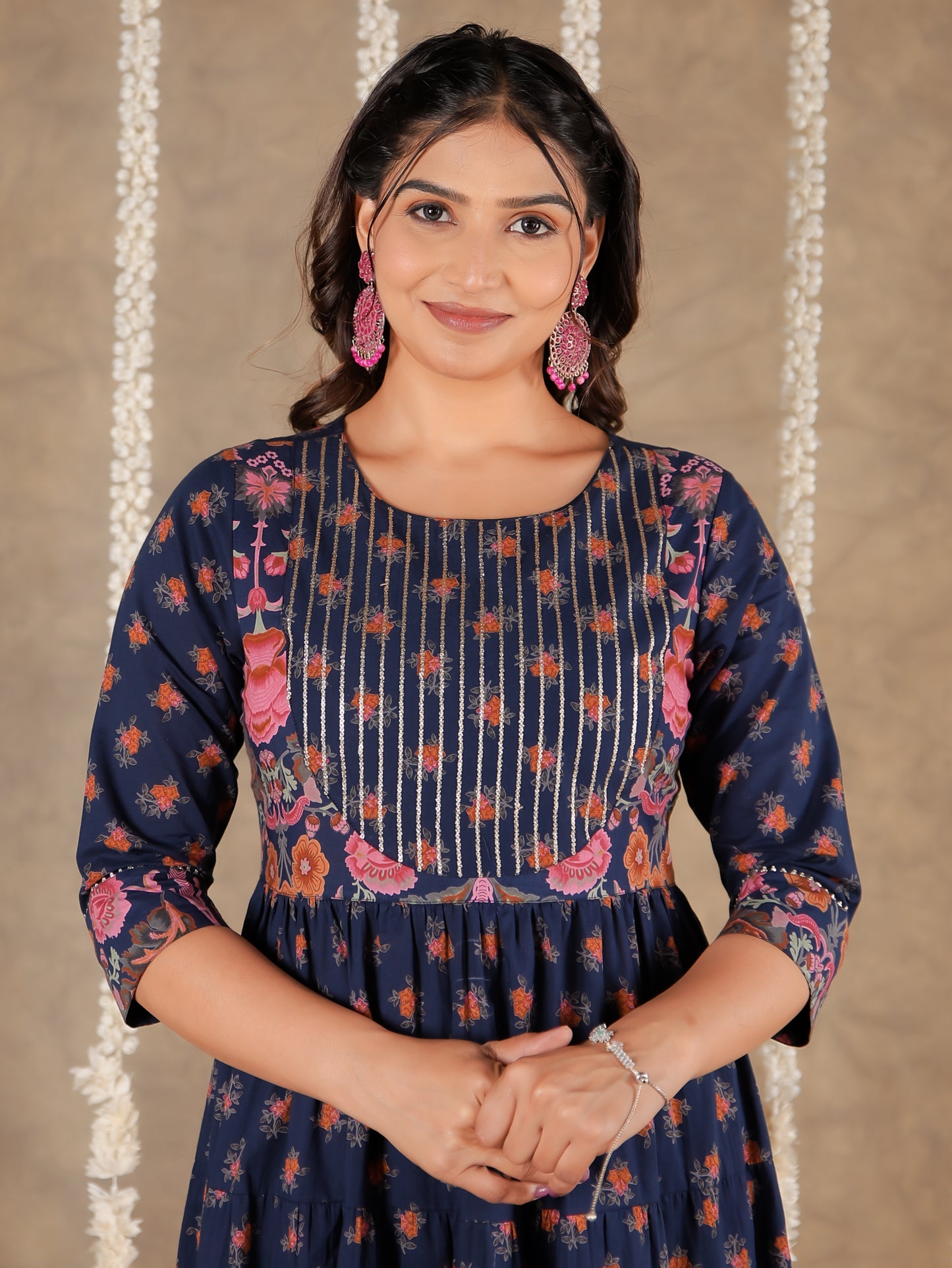 Embroidered Soft Cotton Floral Anarkali Navy Blue Kurta