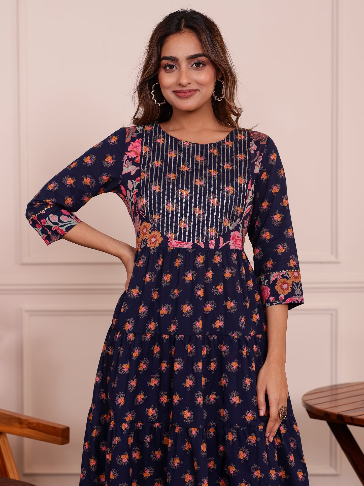 Embroidered Soft Cotton Floral Anarkali Navy Blue Kurta