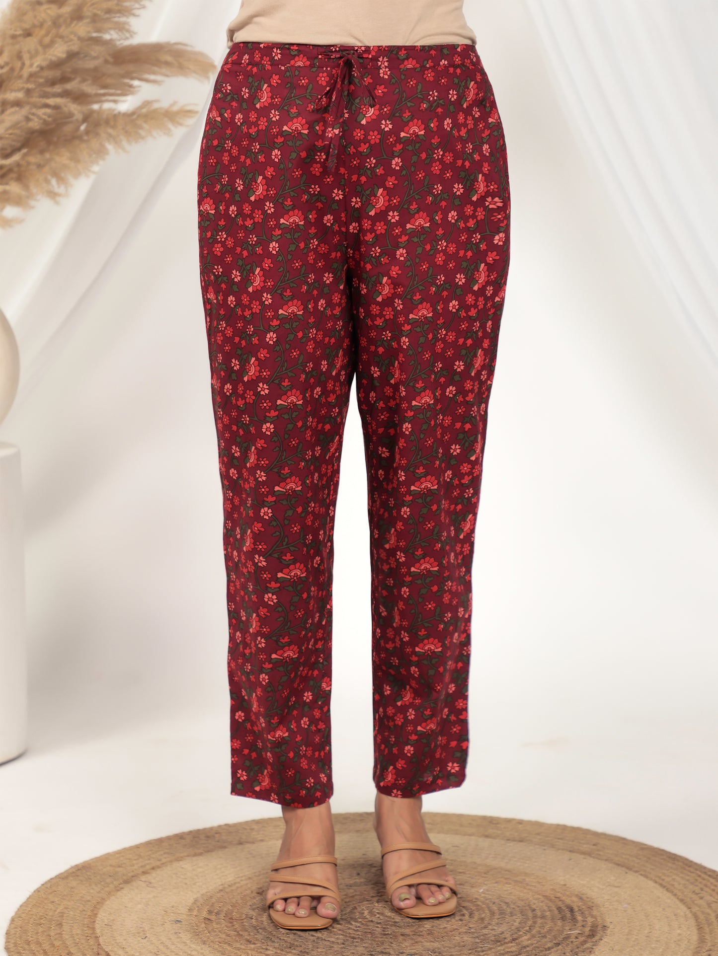 Soft Cotton Floral Red Tapered Trousers