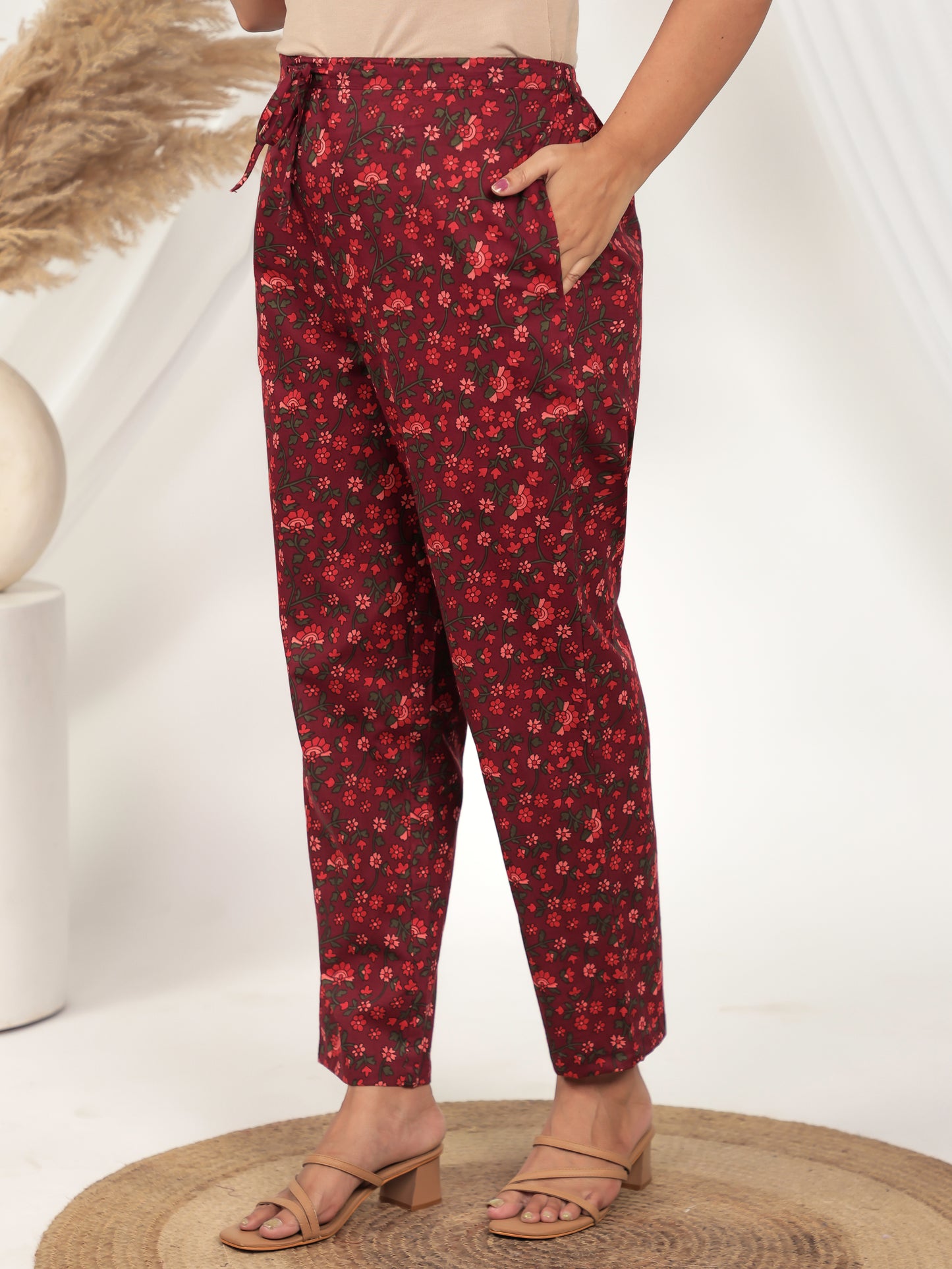 Soft Cotton Floral Red Tapered Trousers