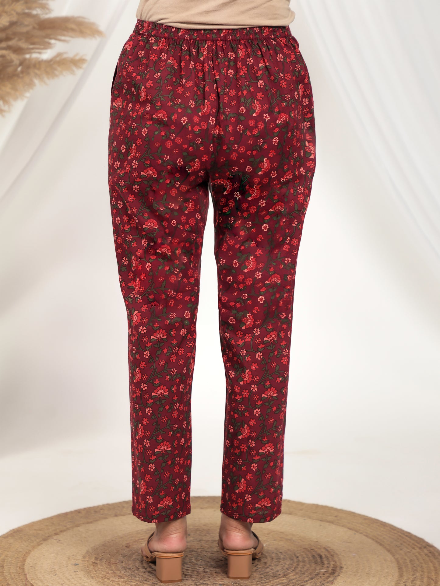 Soft Cotton Floral Red Tapered Trousers