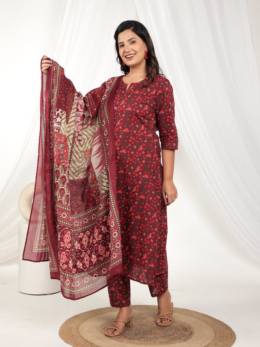 Voile Cotton Floral Red Dupatta