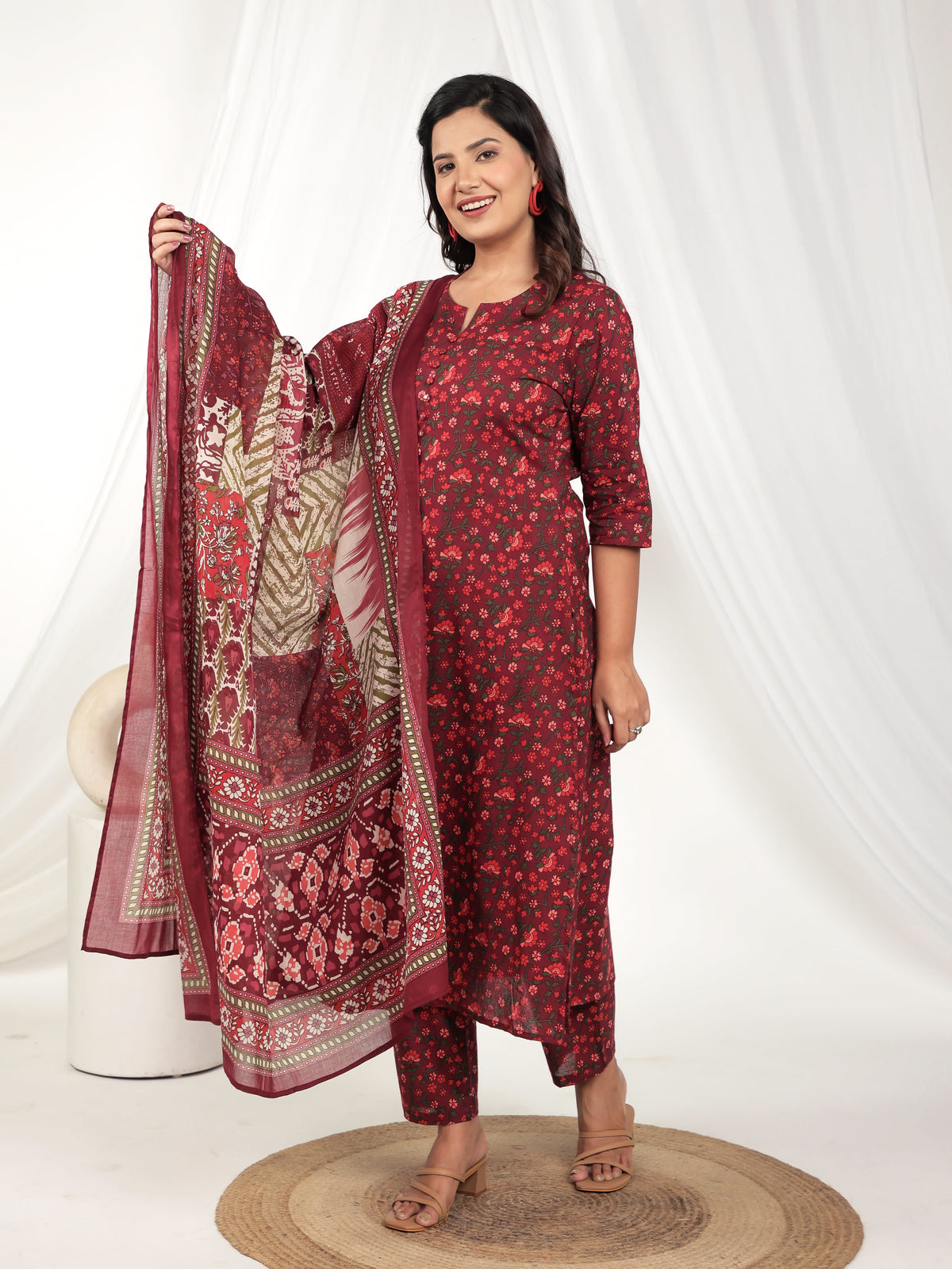 Cotton Voile Floral Maroon Dupatta