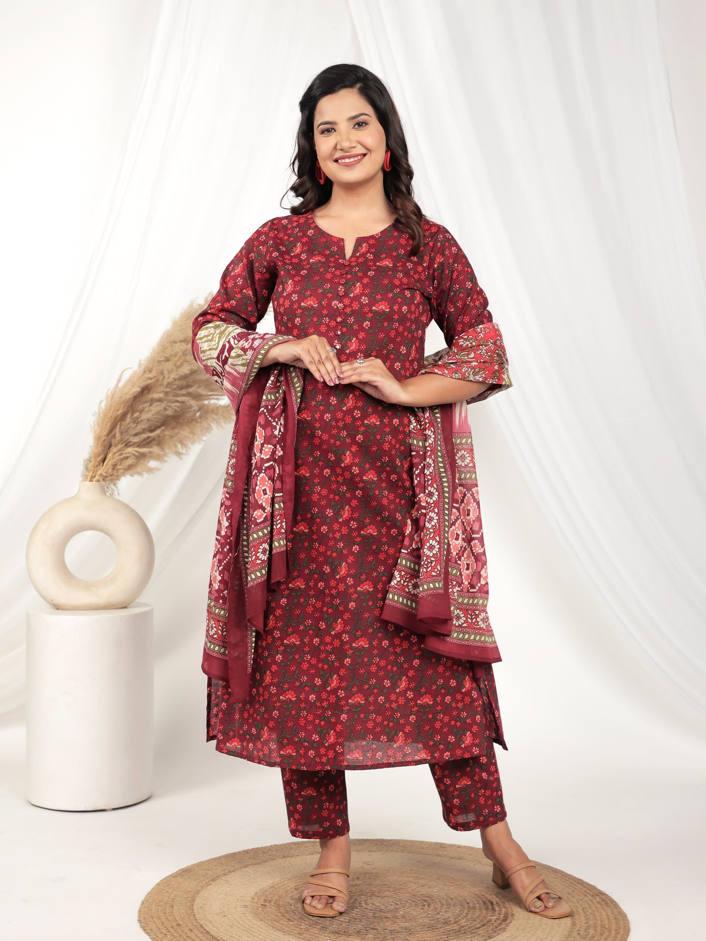 Voile Cotton Floral Red Dupatta