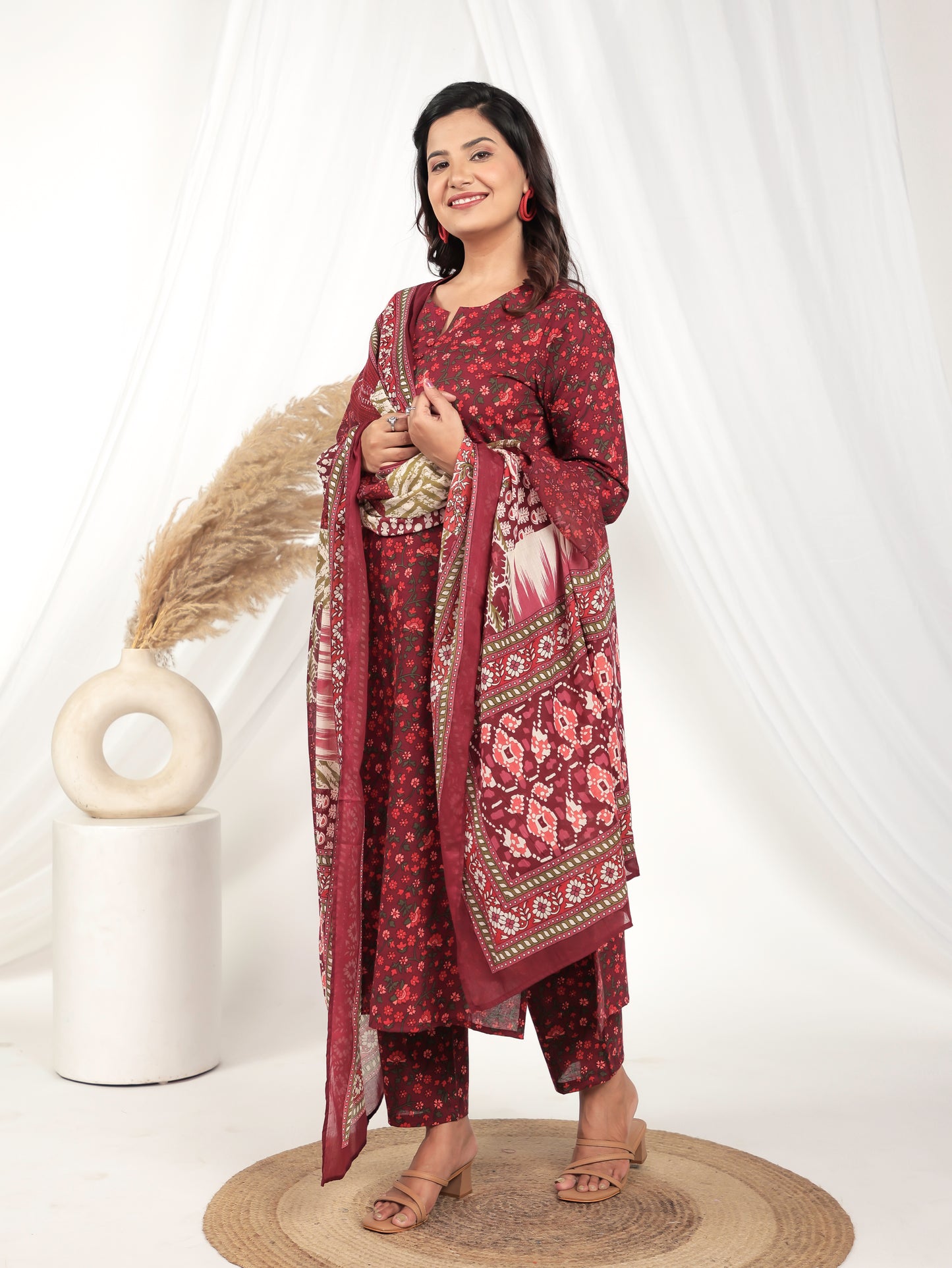 Voile Cotton Floral Red Dupatta