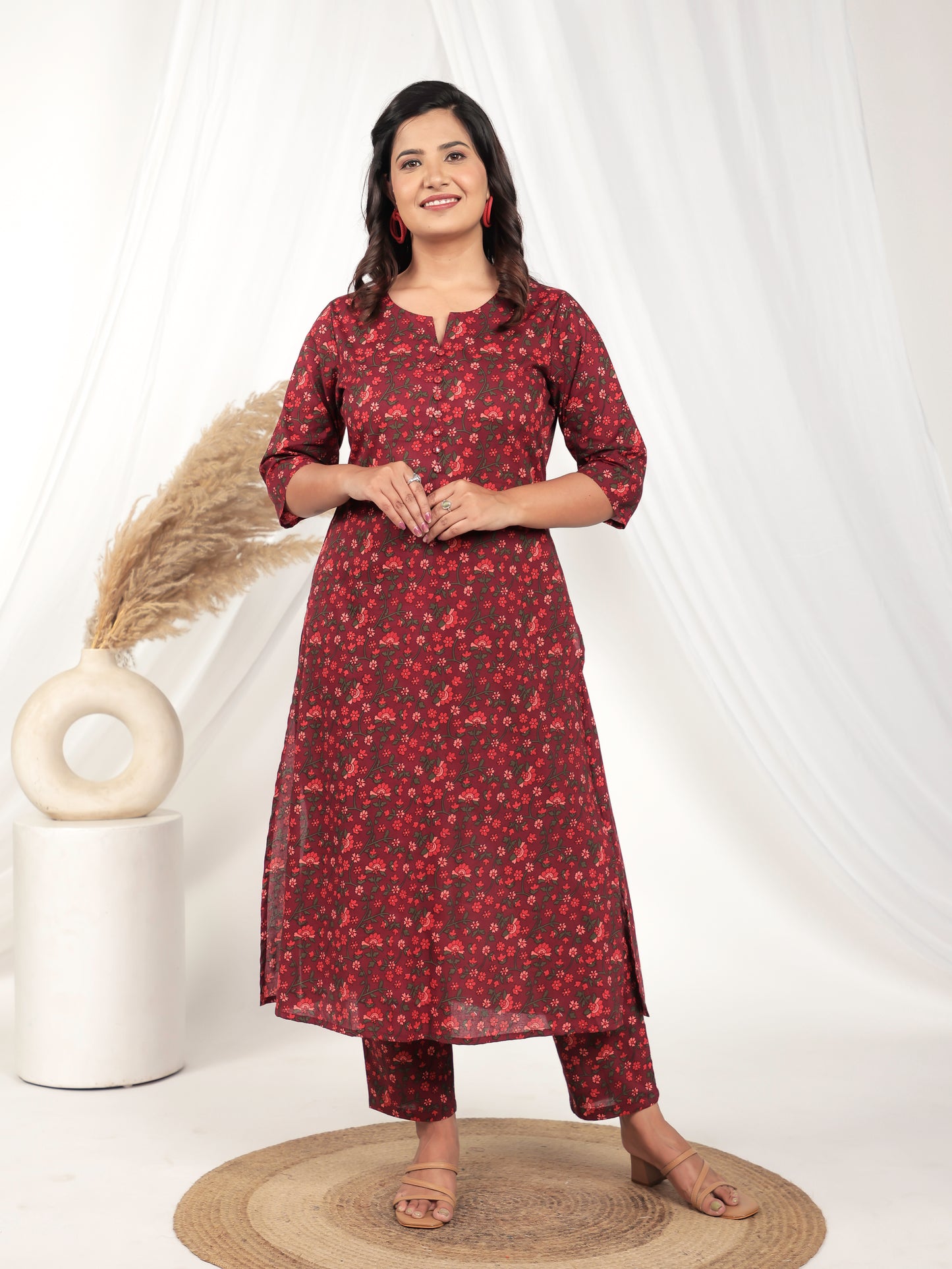 Embroidered Soft Cotton Floral A-line Red Kurta