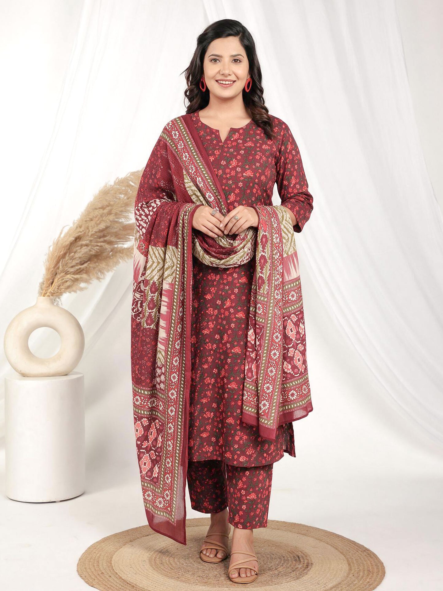 Embroidered Soft Cotton Floral A-line Maroon Kurta