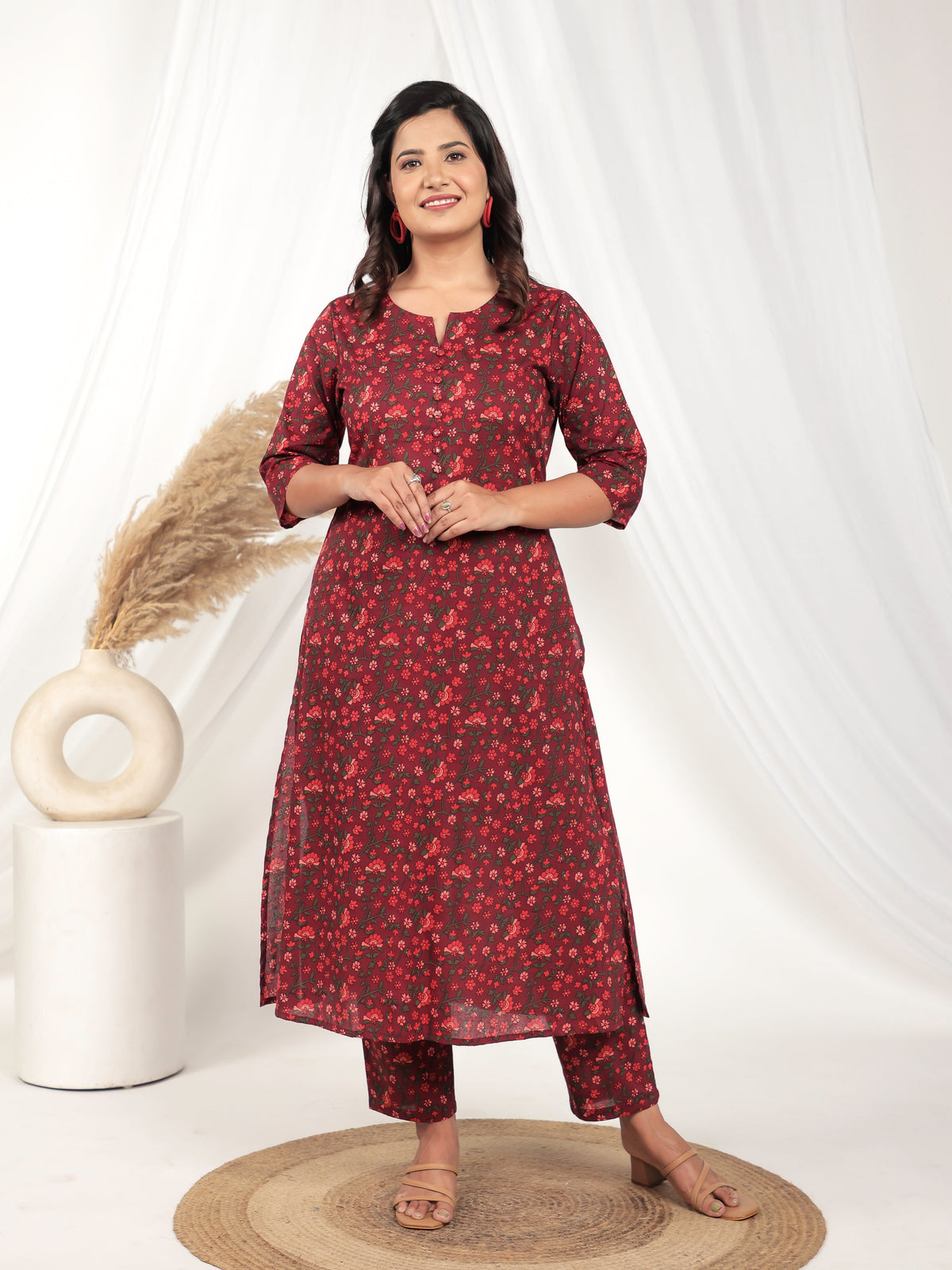 Embroidered Soft Cotton Floral A-line Maroon Kurta