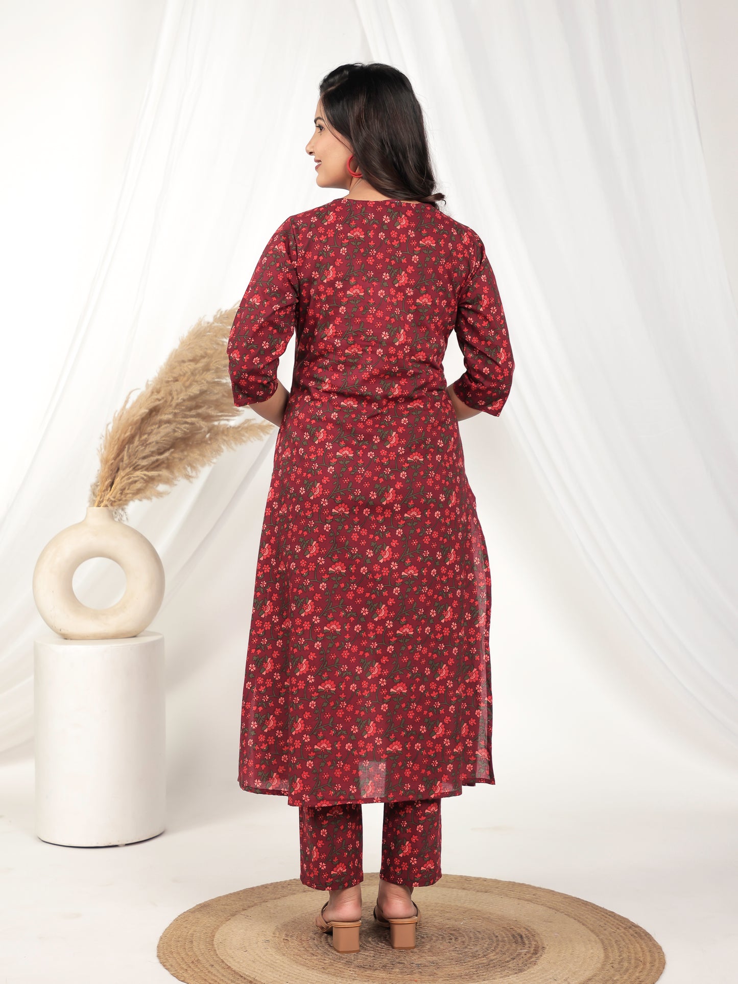 Embroidered Soft Cotton Floral A-line Red Kurta