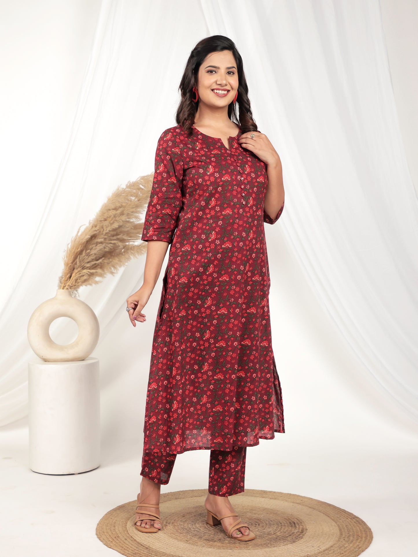 Embroidered Soft Cotton Floral A-line Red Kurta
