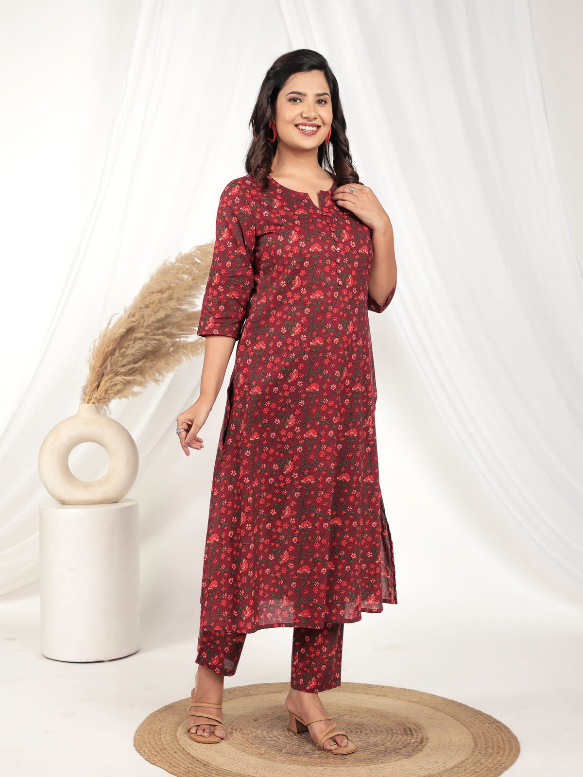 Embroidered Soft Cotton Floral A-line Maroon Kurta