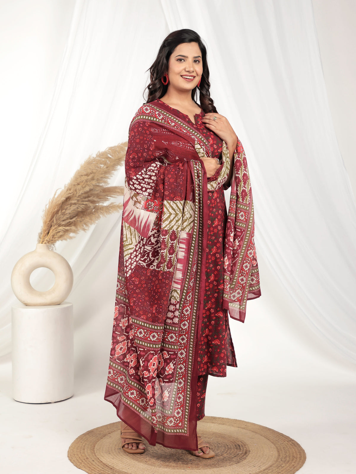 Embroidered Soft Cotton Floral A-line Maroon Kurta