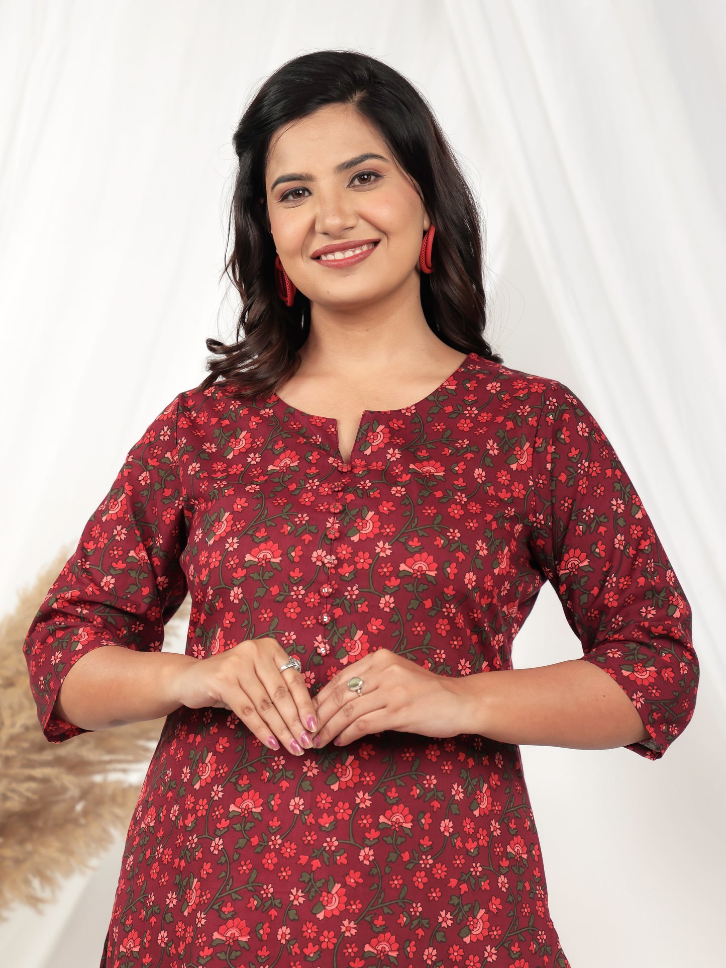 Embroidered Soft Cotton Floral A-line Red Kurta