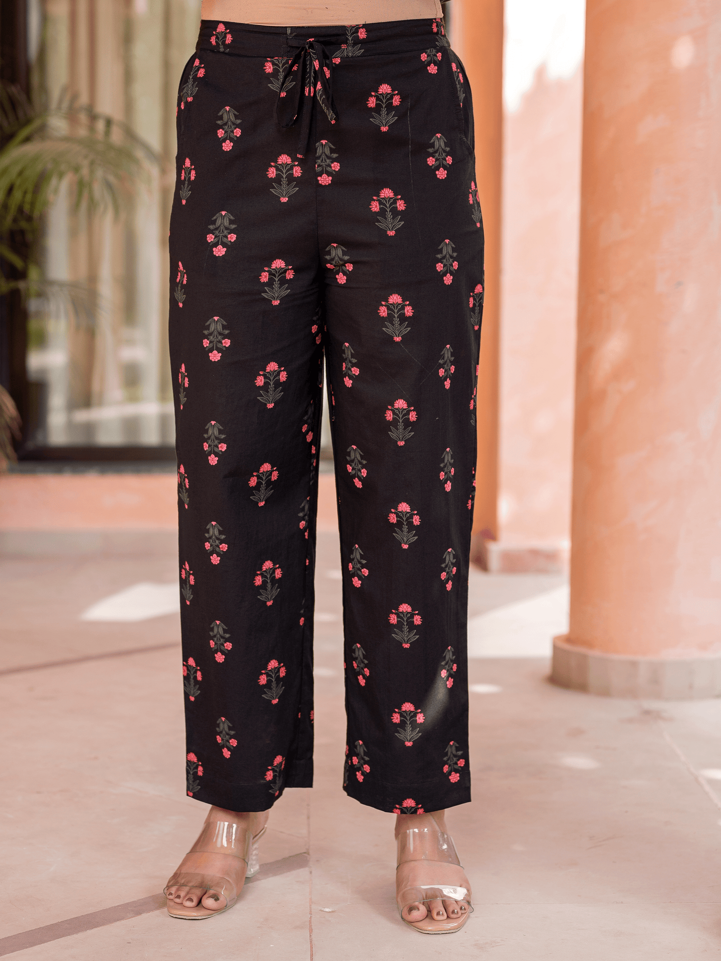 Soft Cotton Block Print Black Tapered Trousers