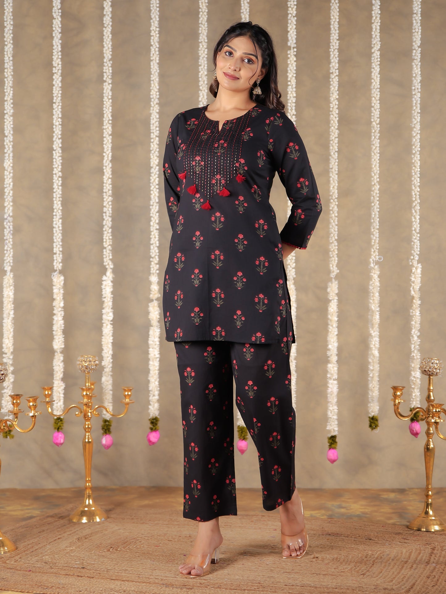 Embroidered Soft Cotton Block Print Straight Black Kurta