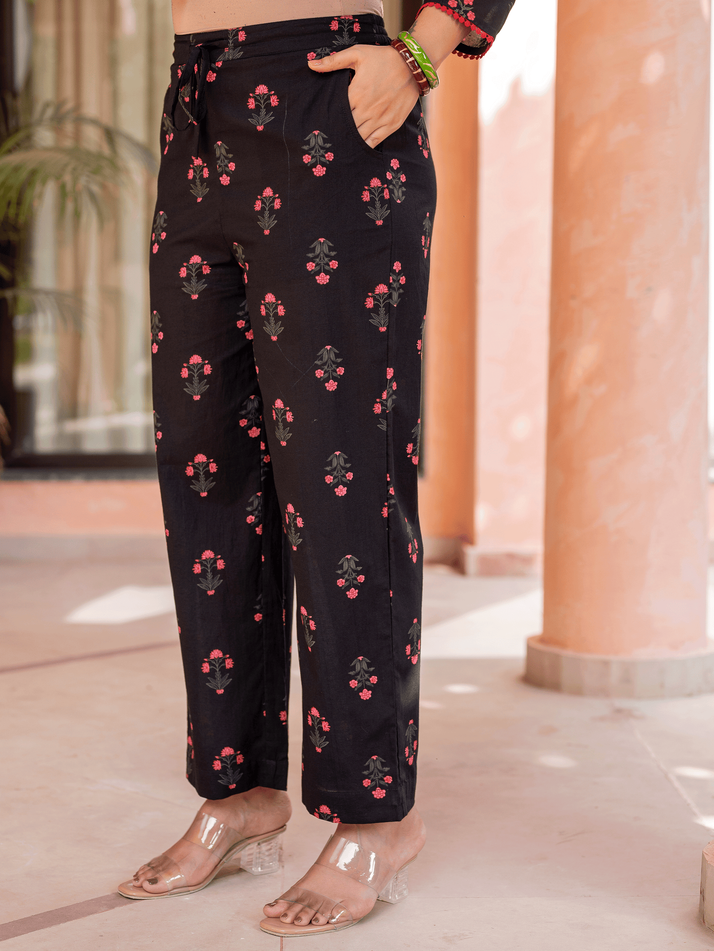 Embroidered Soft Cotton Block Print Straight Black Kurta