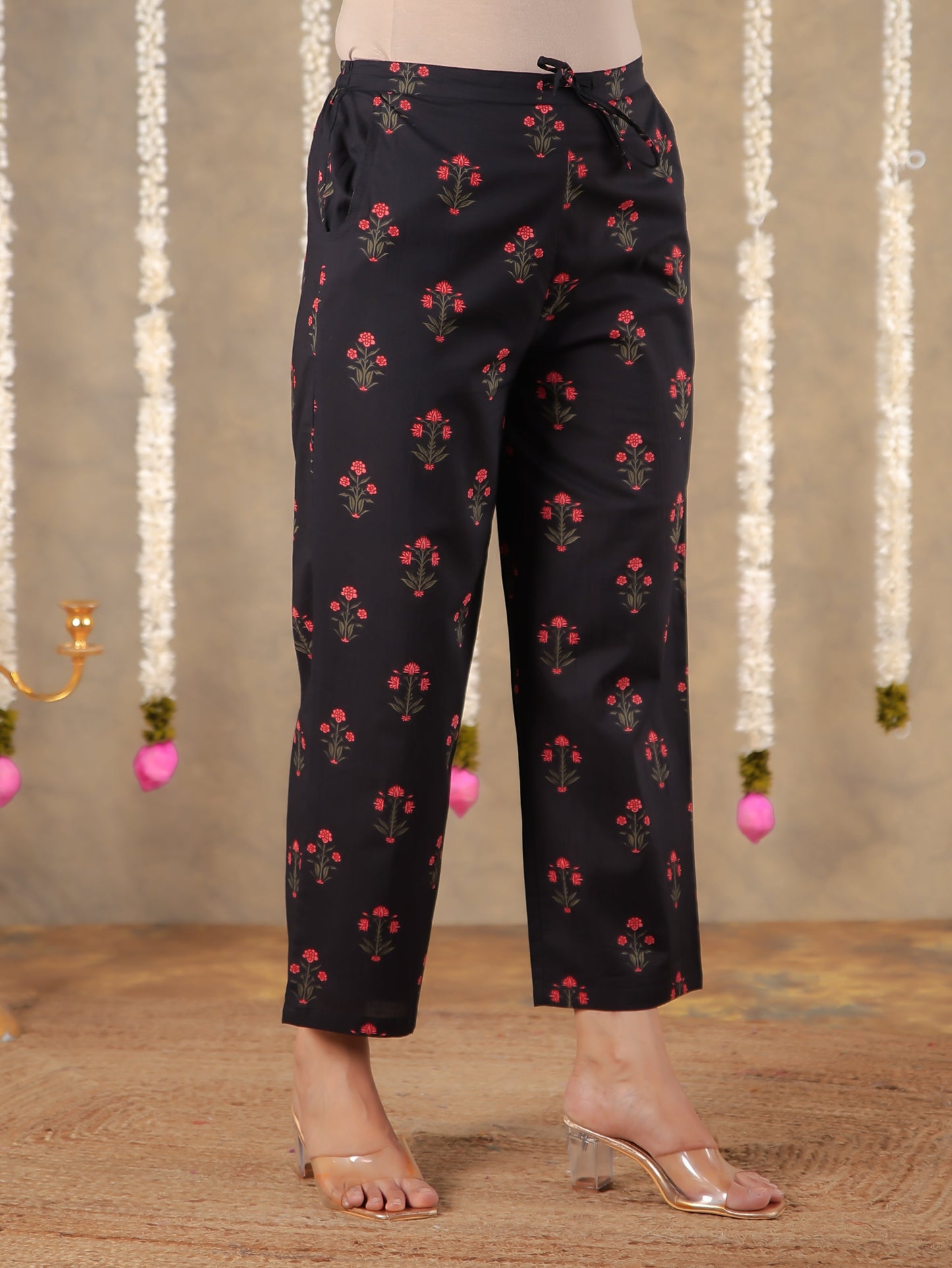 Soft Cotton Block Print Black Tapered Trousers