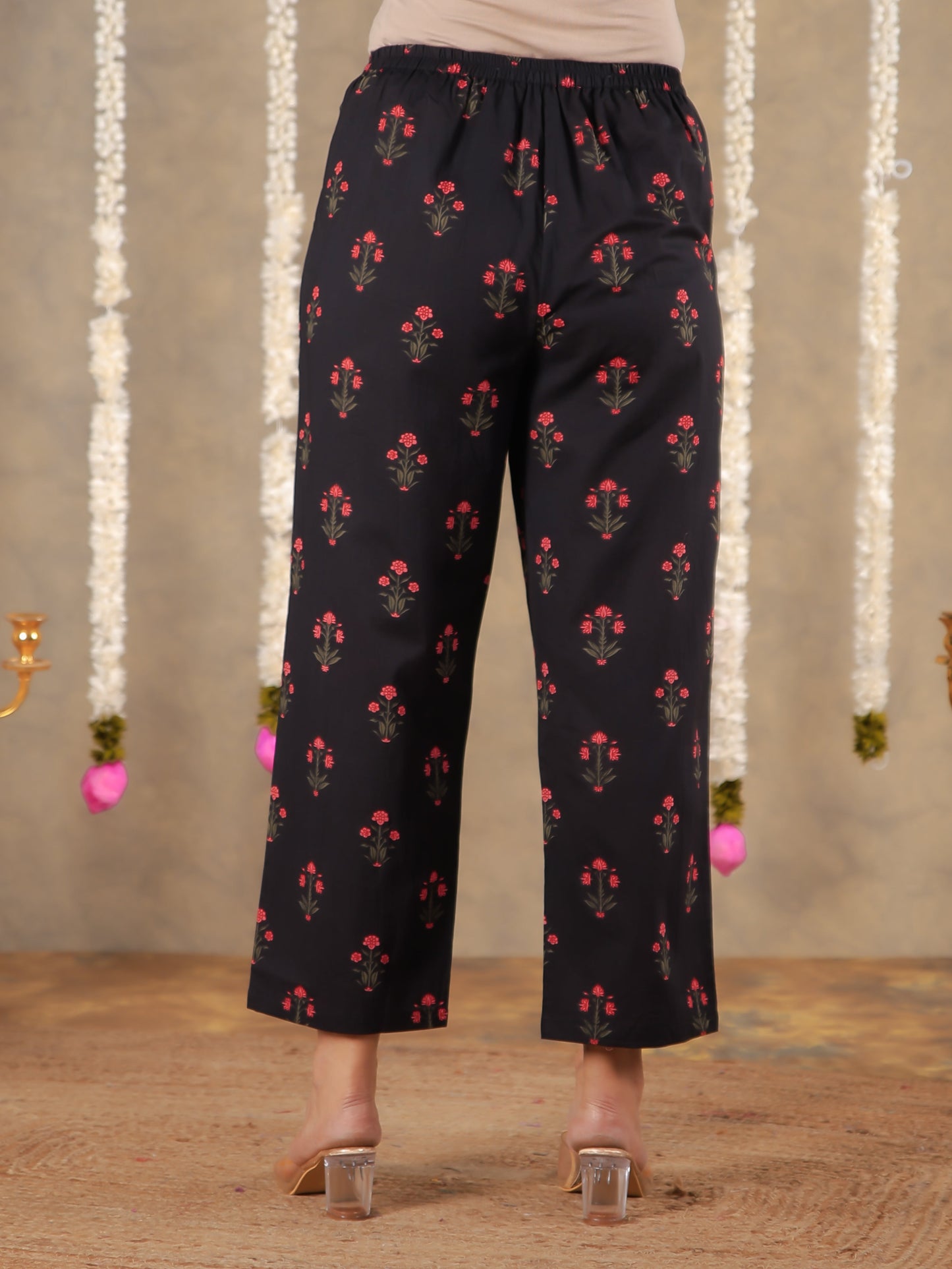 Soft Cotton Block Print Black Tapered Trousers