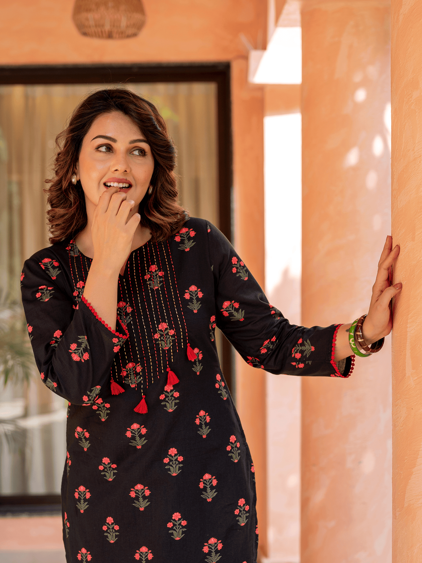 Embroidered Soft Cotton Block Print Straight Black Kurta