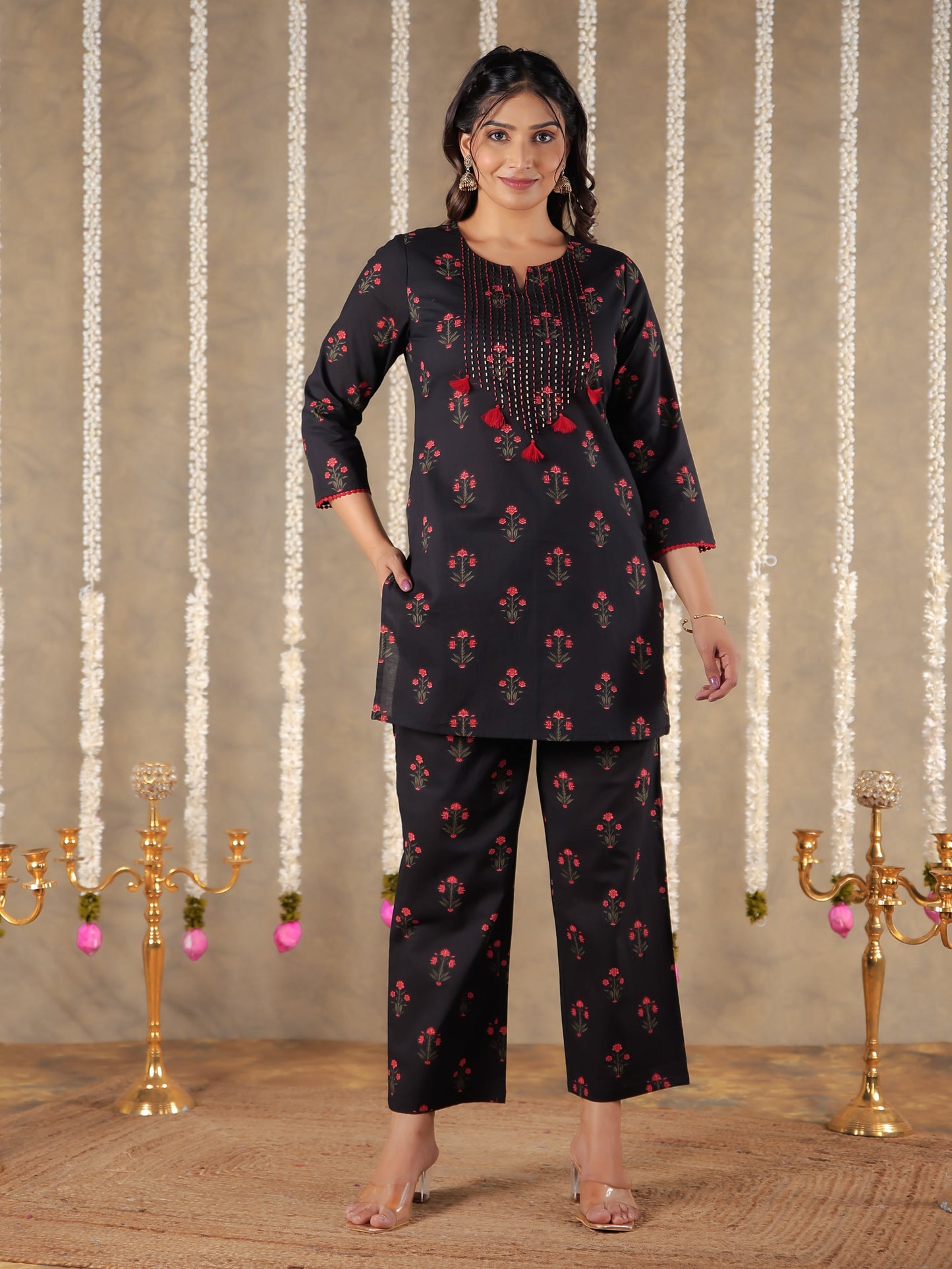 Embroidered Soft Cotton Block Print Straight Black Kurta