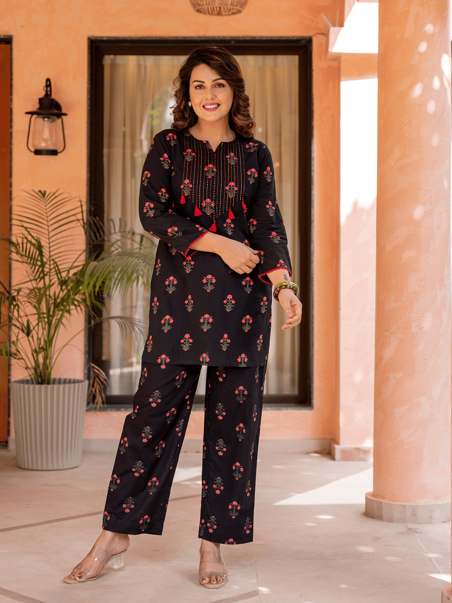 Embroidered Soft Cotton Block Print Straight Black Kurta