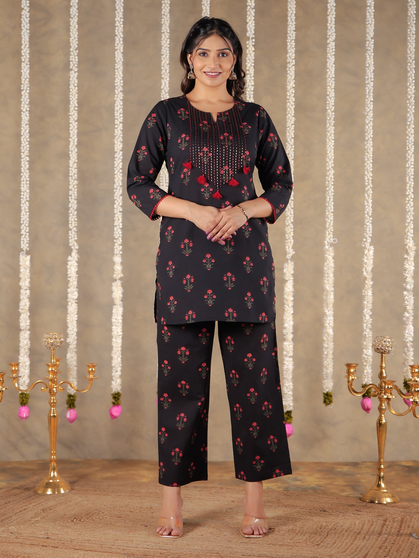 Embroidered Soft Cotton Block Print Straight Black Kurta