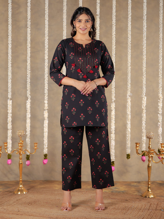 Embroidered Soft Cotton Block Print Straight Black Kurta