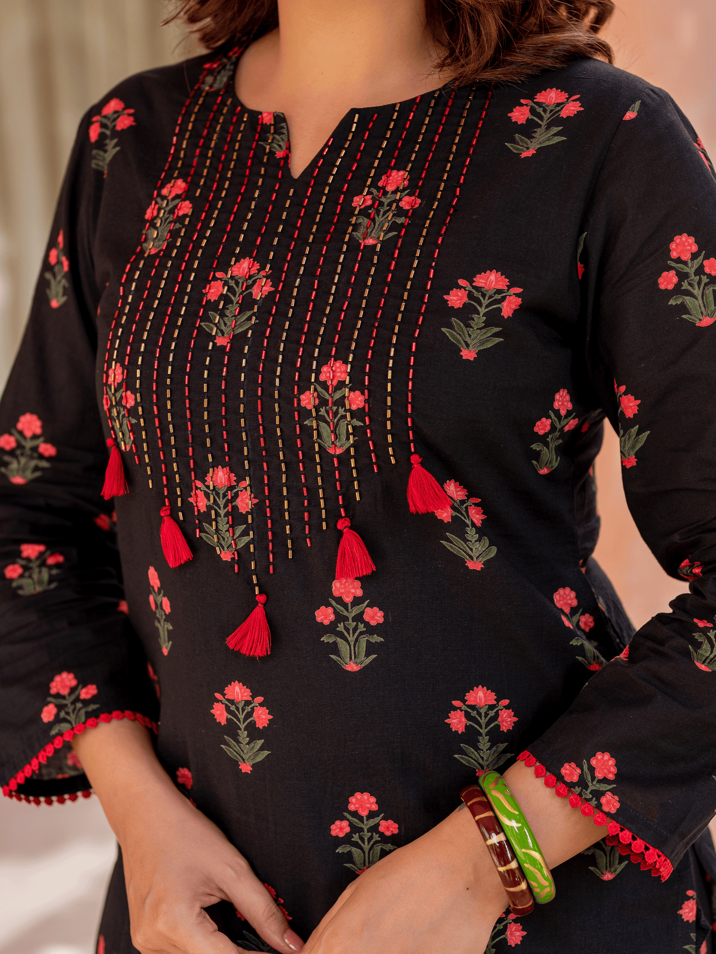 Embroidered Soft Cotton Block Print Straight Black Kurta