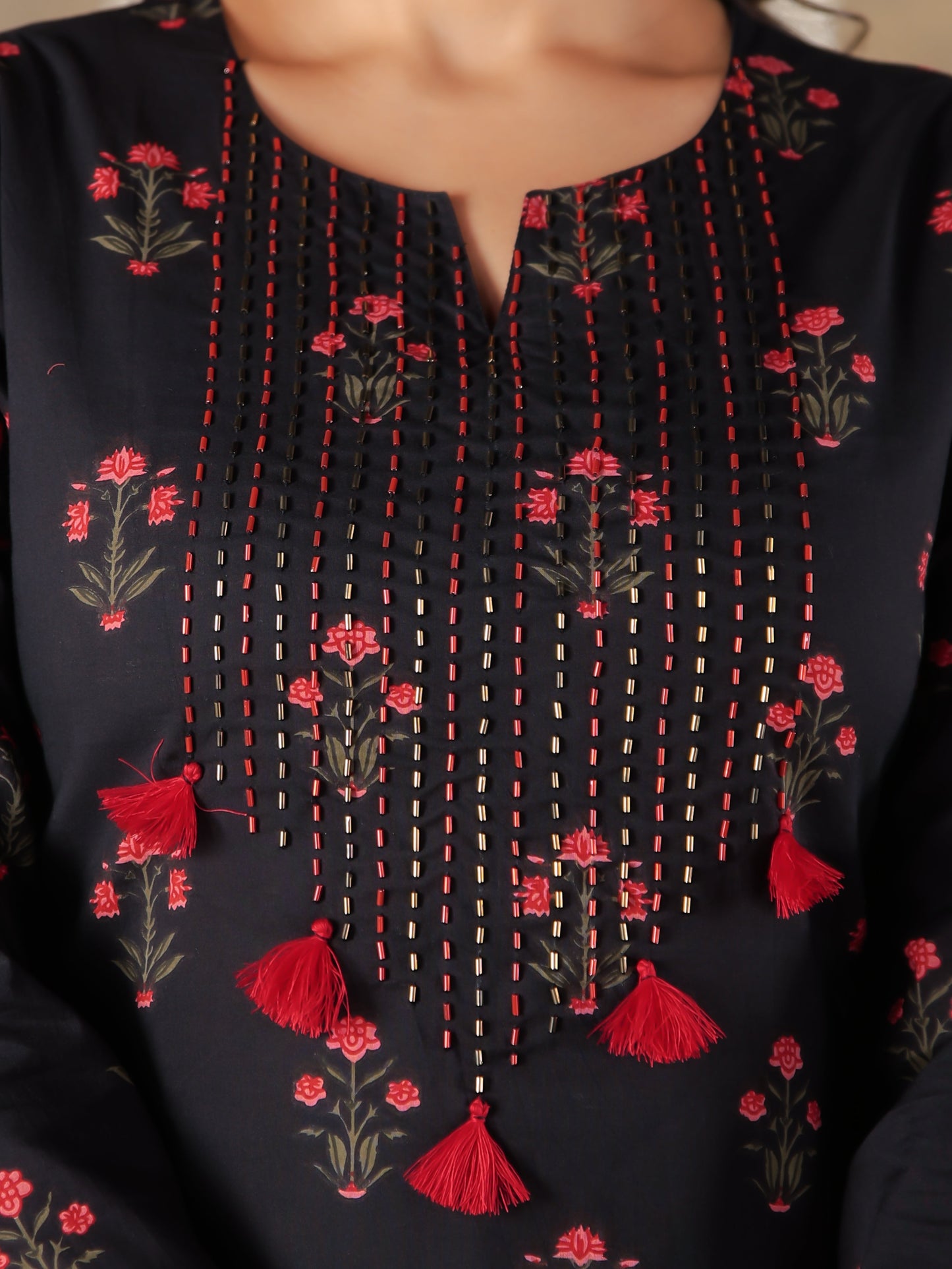 Embroidered Soft Cotton Block Print Straight Black Kurta