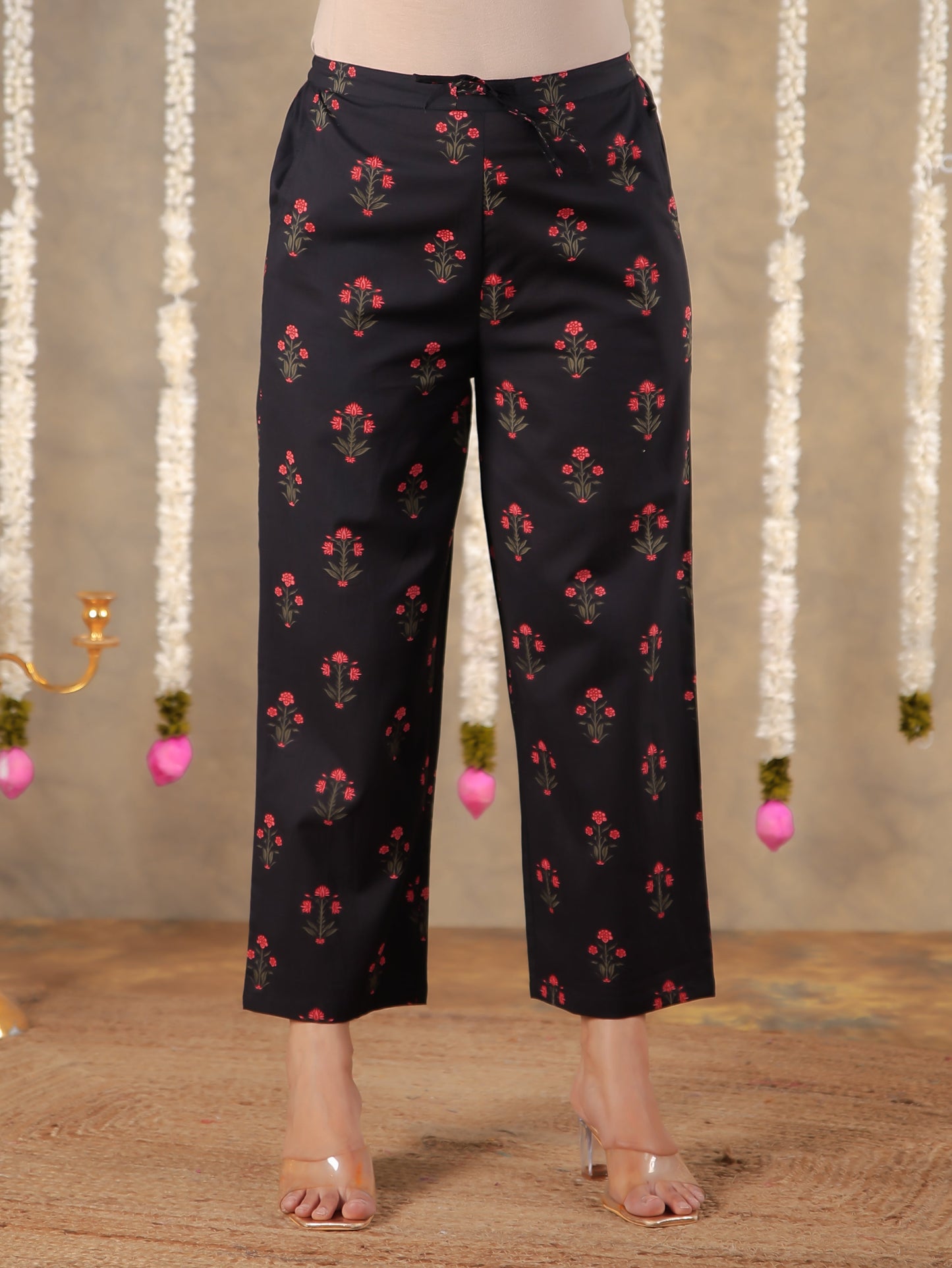 Soft Cotton Block Print Black Tapered Trousers