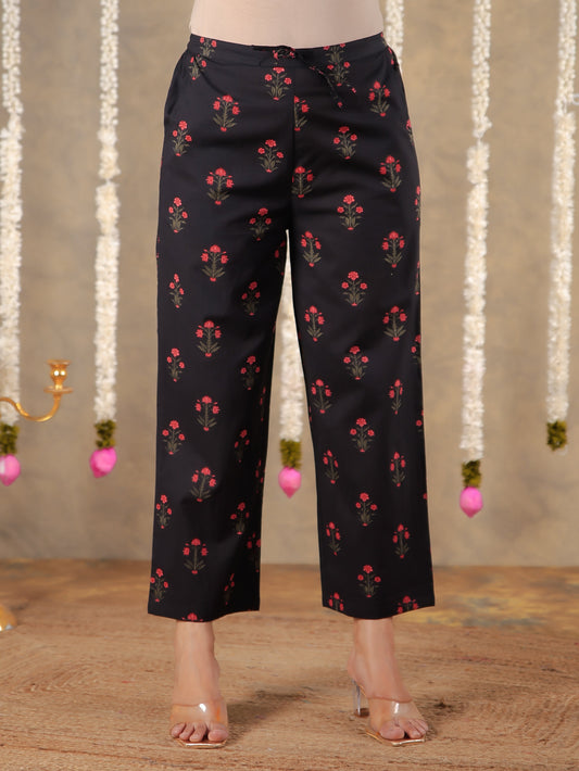 Soft Cotton Block Print Black Tapered Trousers