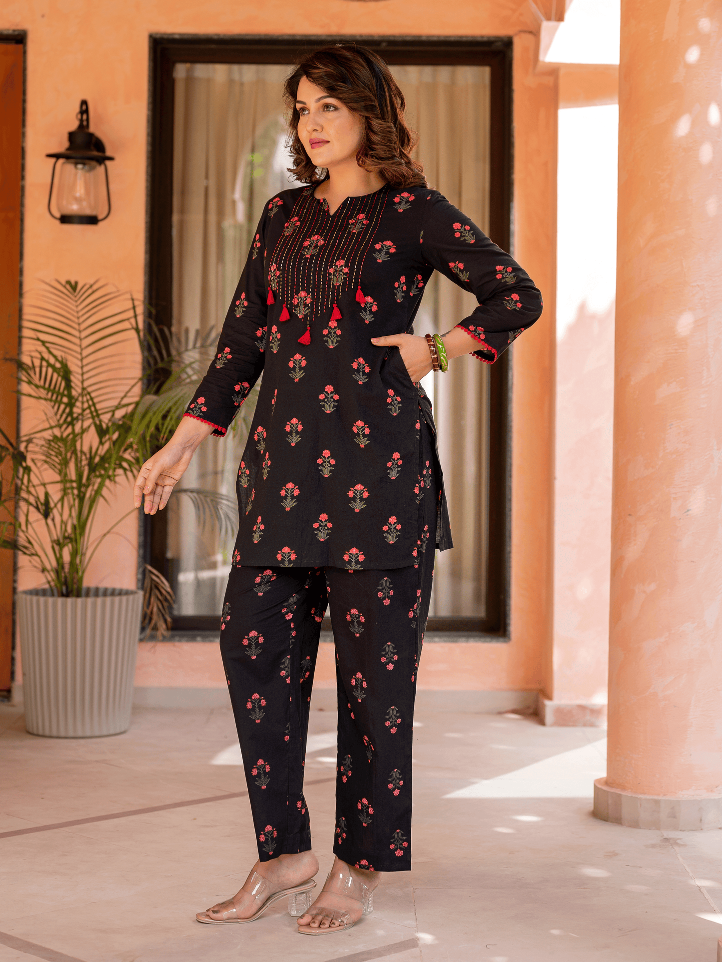 Embroidered Soft Cotton Block Print Straight Black Kurta