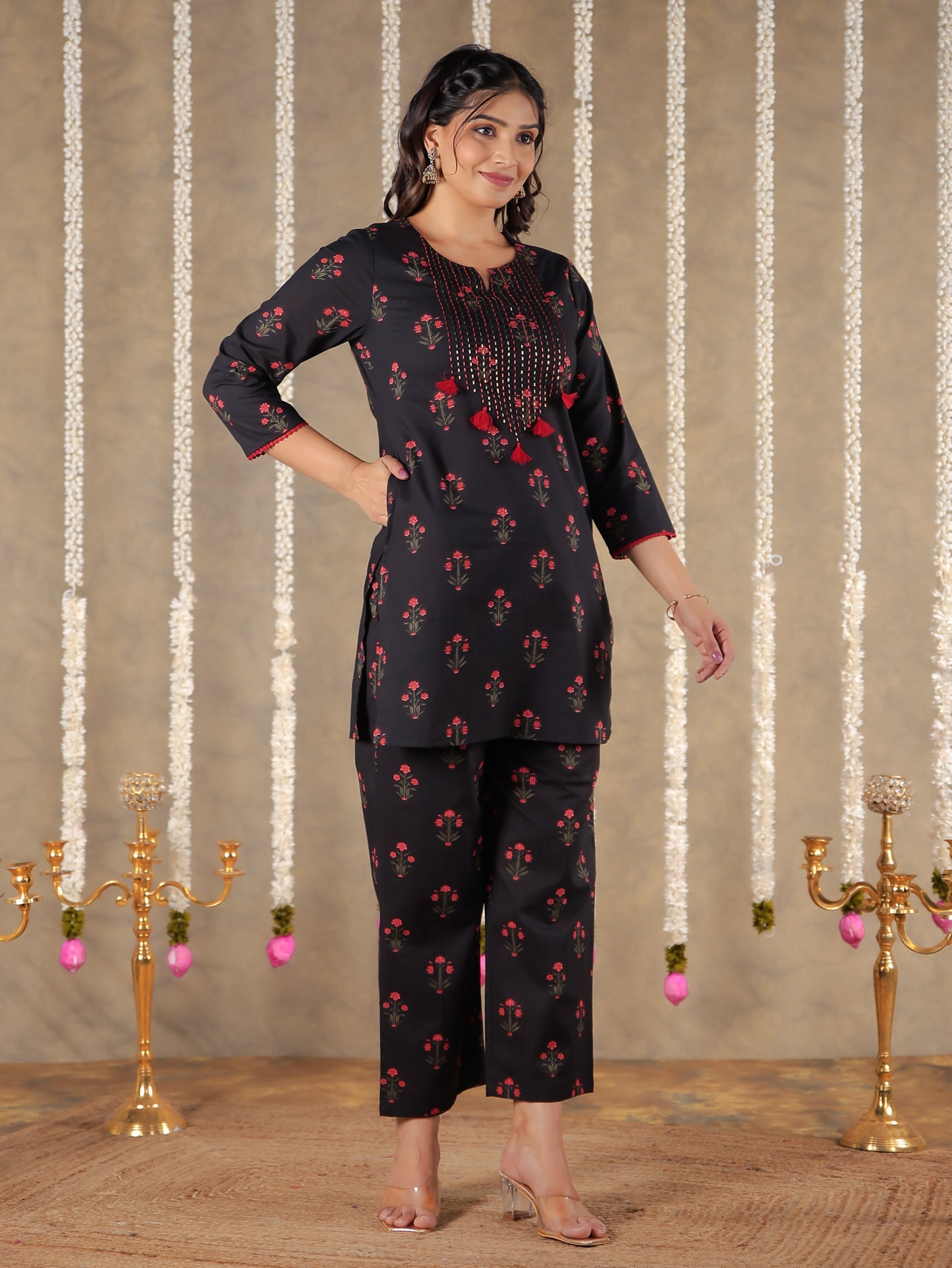 Embroidered Soft Cotton Block Print Straight Black Kurta