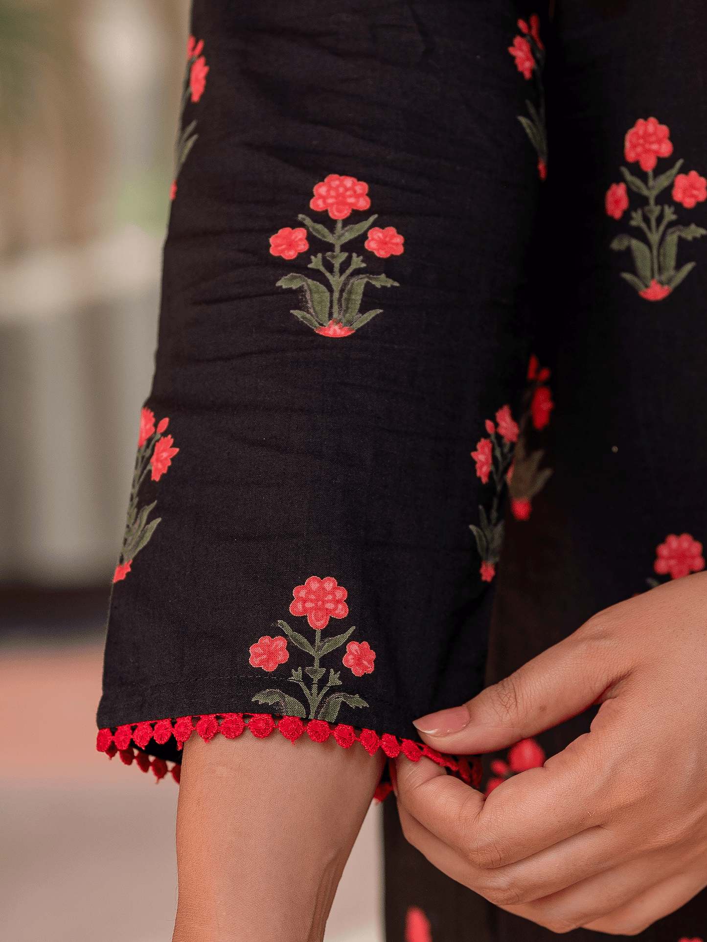 Embroidered Soft Cotton Block Print Straight Black Kurta