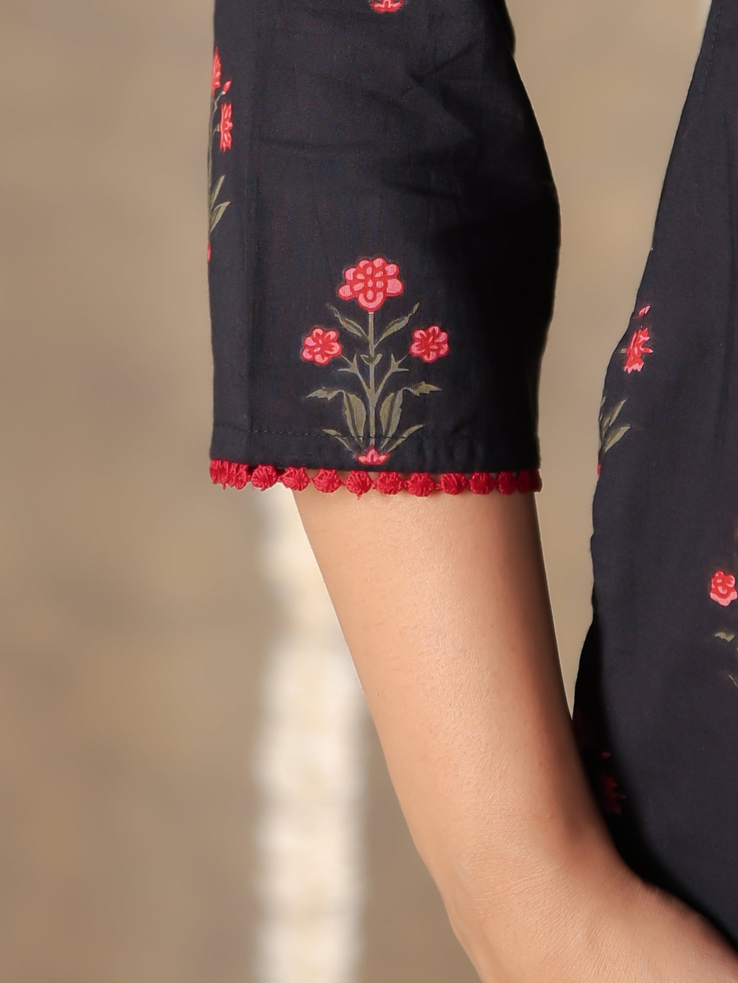 Embroidered Soft Cotton Block Print Straight Black Kurta