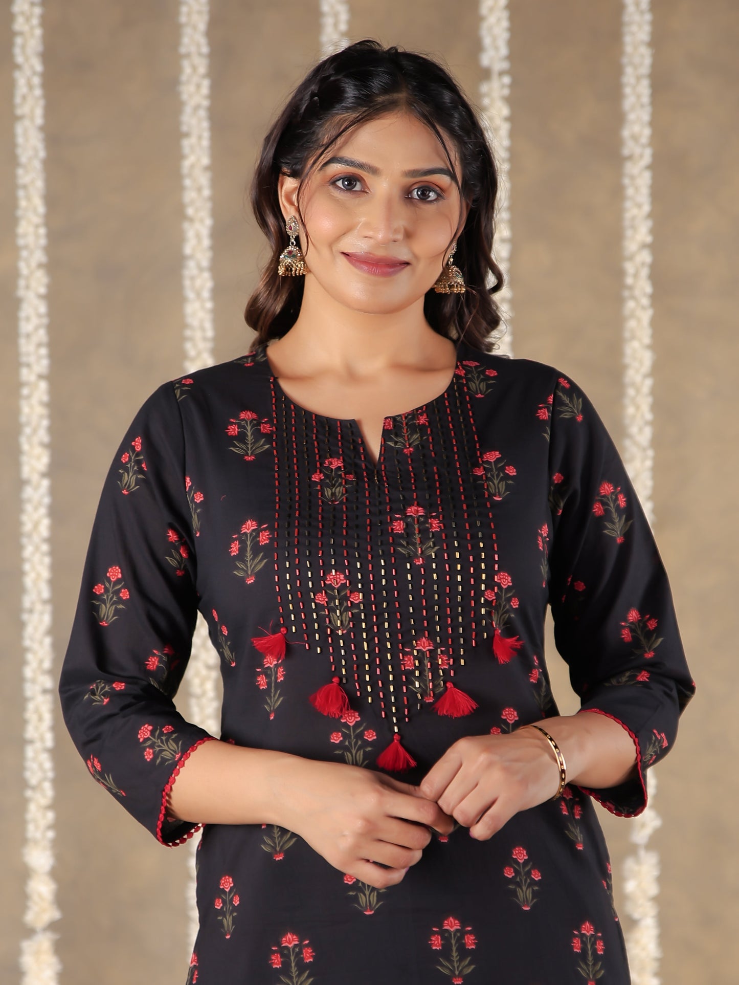 Embroidered Soft Cotton Block Print Straight Black Kurta