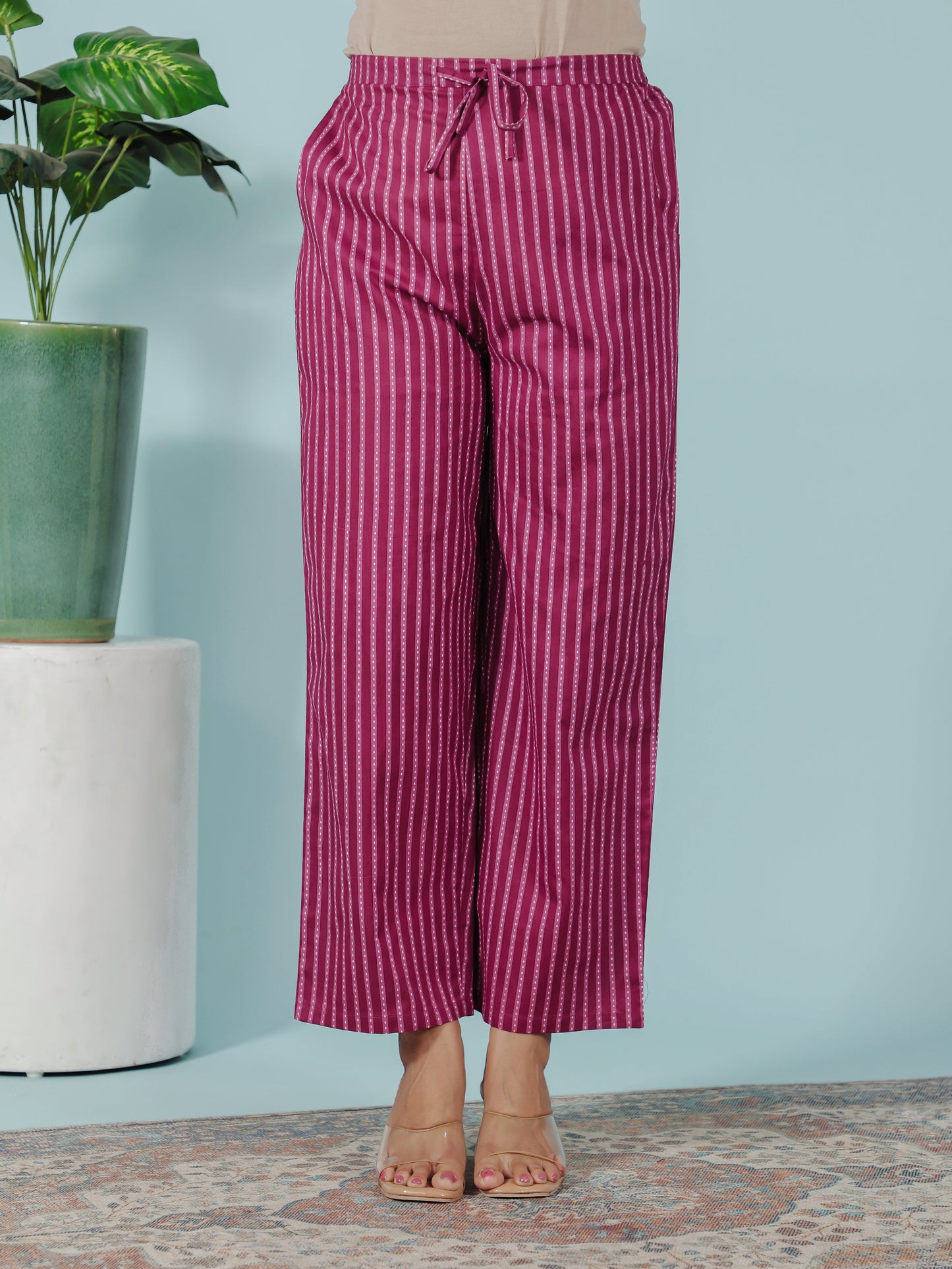 Soft Cotton Striped Purple Straight Trousers