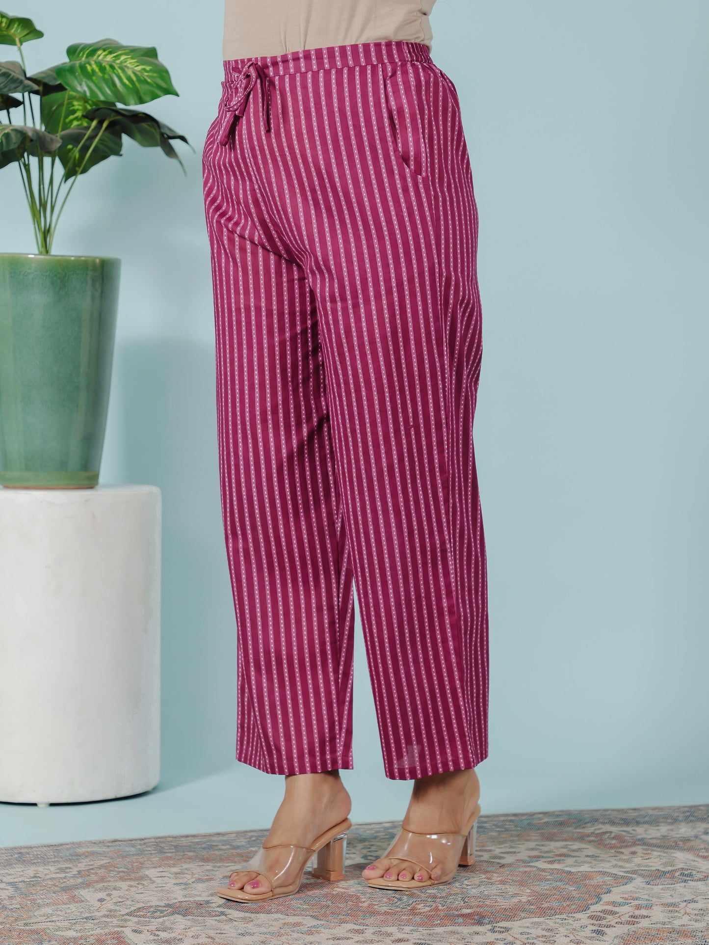 Soft Cotton Striped Purple Straight Trousers