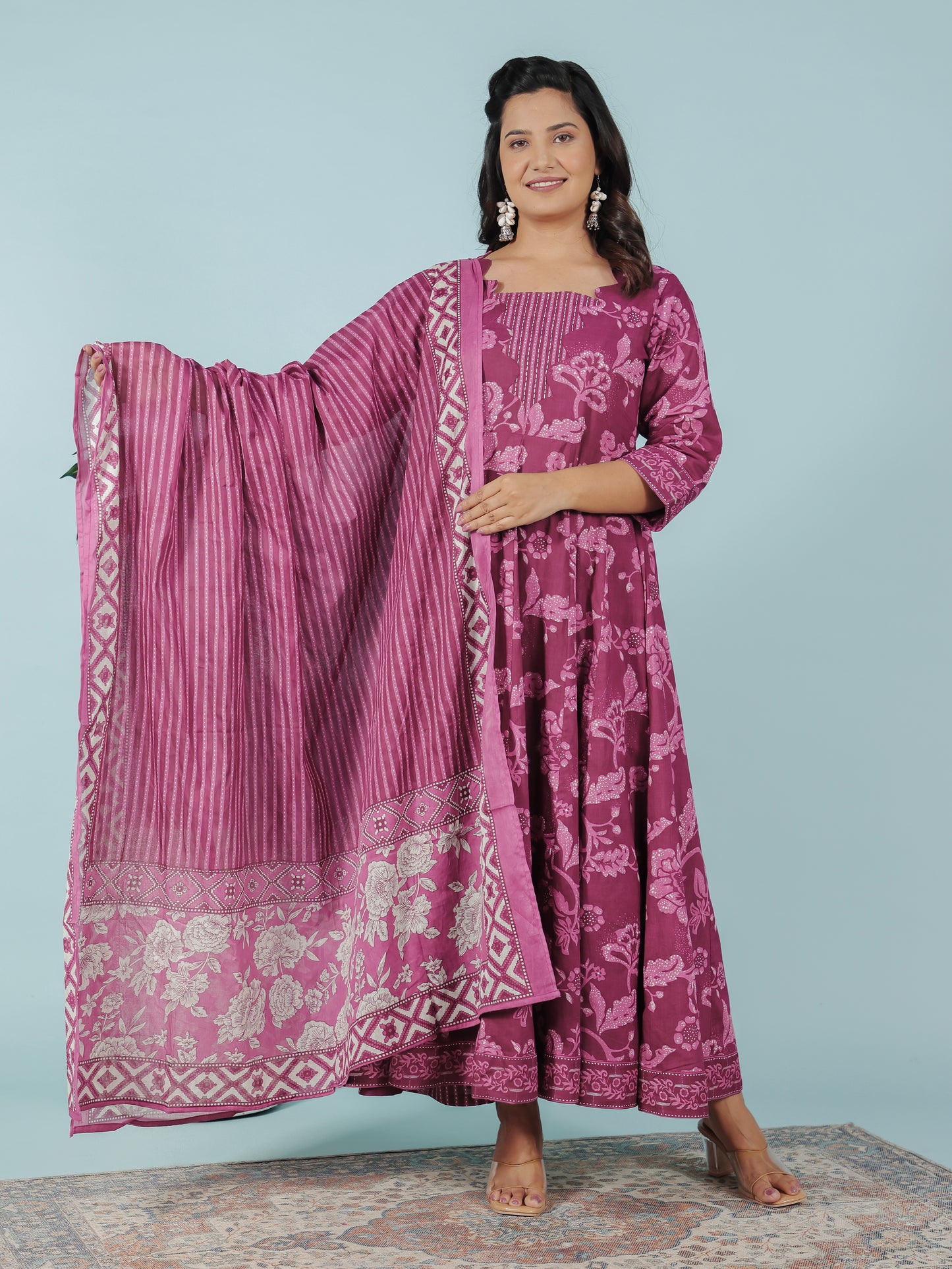 Embroidered Soft Cotton Floral Flared Purple Kurta