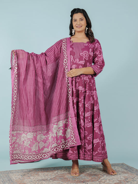 Embroidered Soft Cotton Floral Flared Purple Kurta