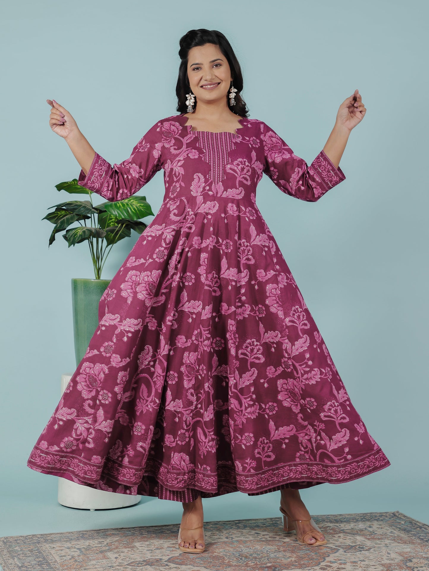 Embroidered Soft Cotton Floral Flared Purple Kurta