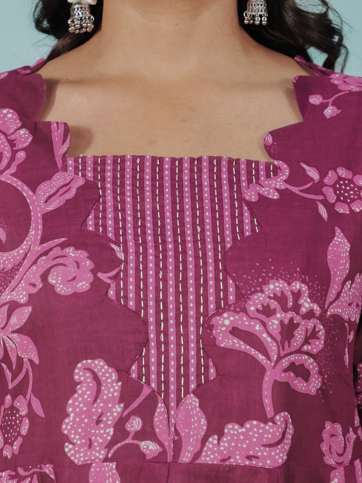 Embroidered Soft Cotton Floral Flared Purple Kurta