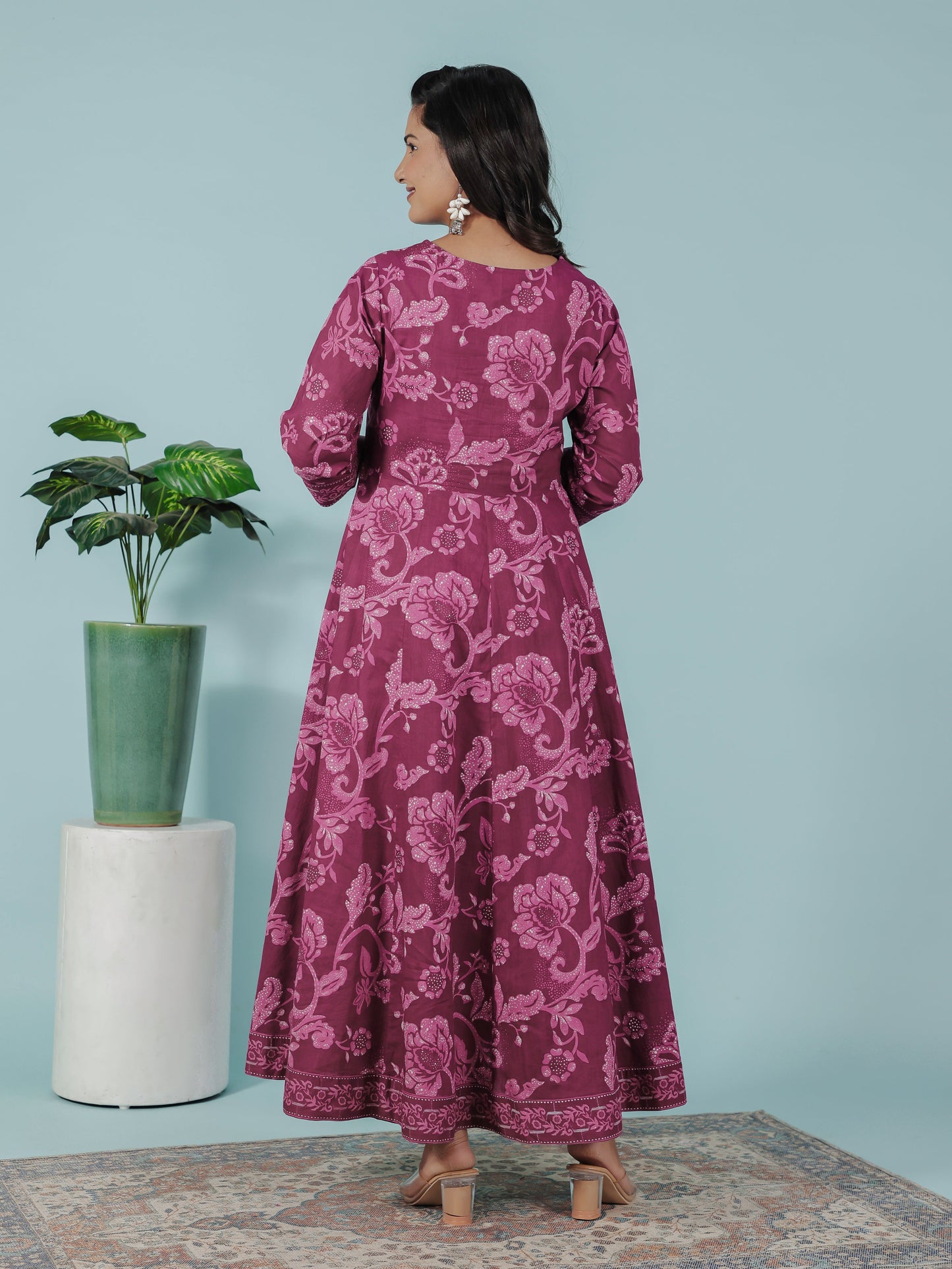 Embroidered Soft Cotton Floral Flared Purple Kurta
